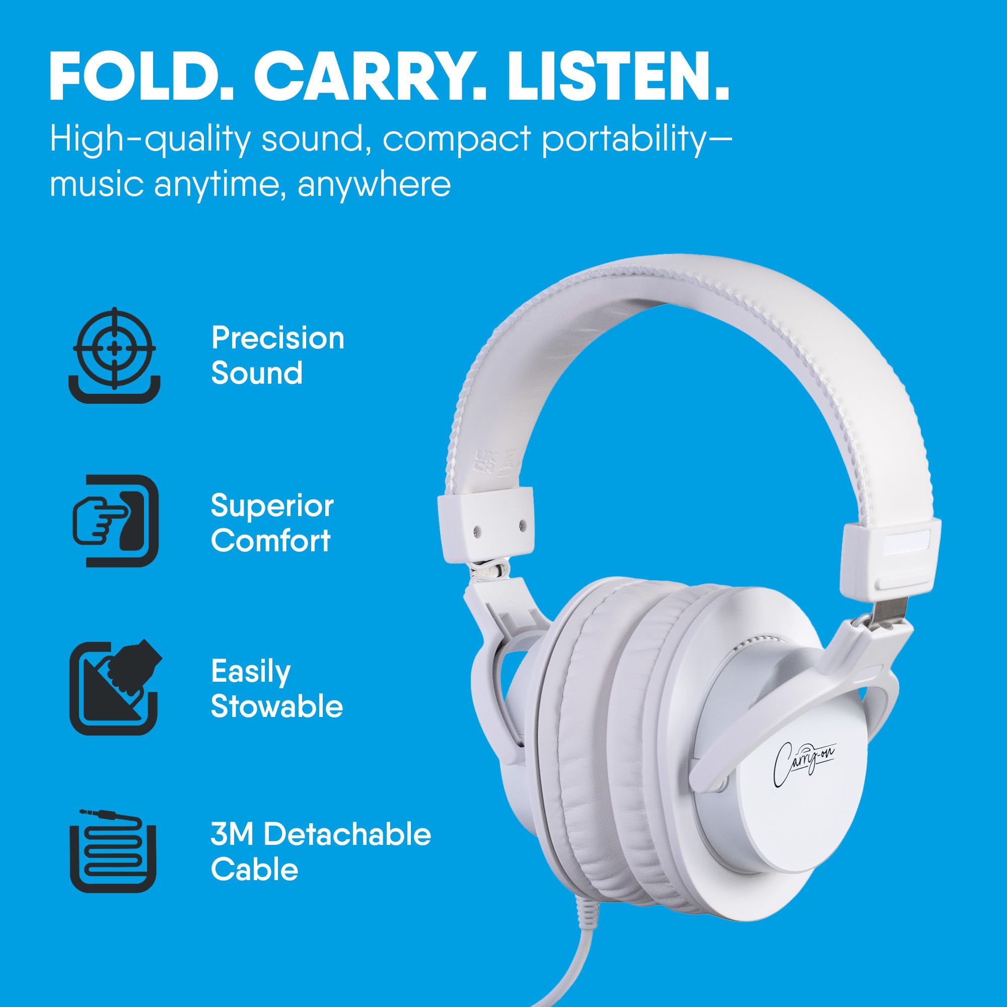 Carry-on SH100 Casque Supra-auriculaire Fermé Serre-tête Rembourré Câble Détachable 3m Jack 3.5mm Adaptateur 6.3mm Inclus Parfait pour la Musique Jeux Podcast et Instruments de Musique Blanc