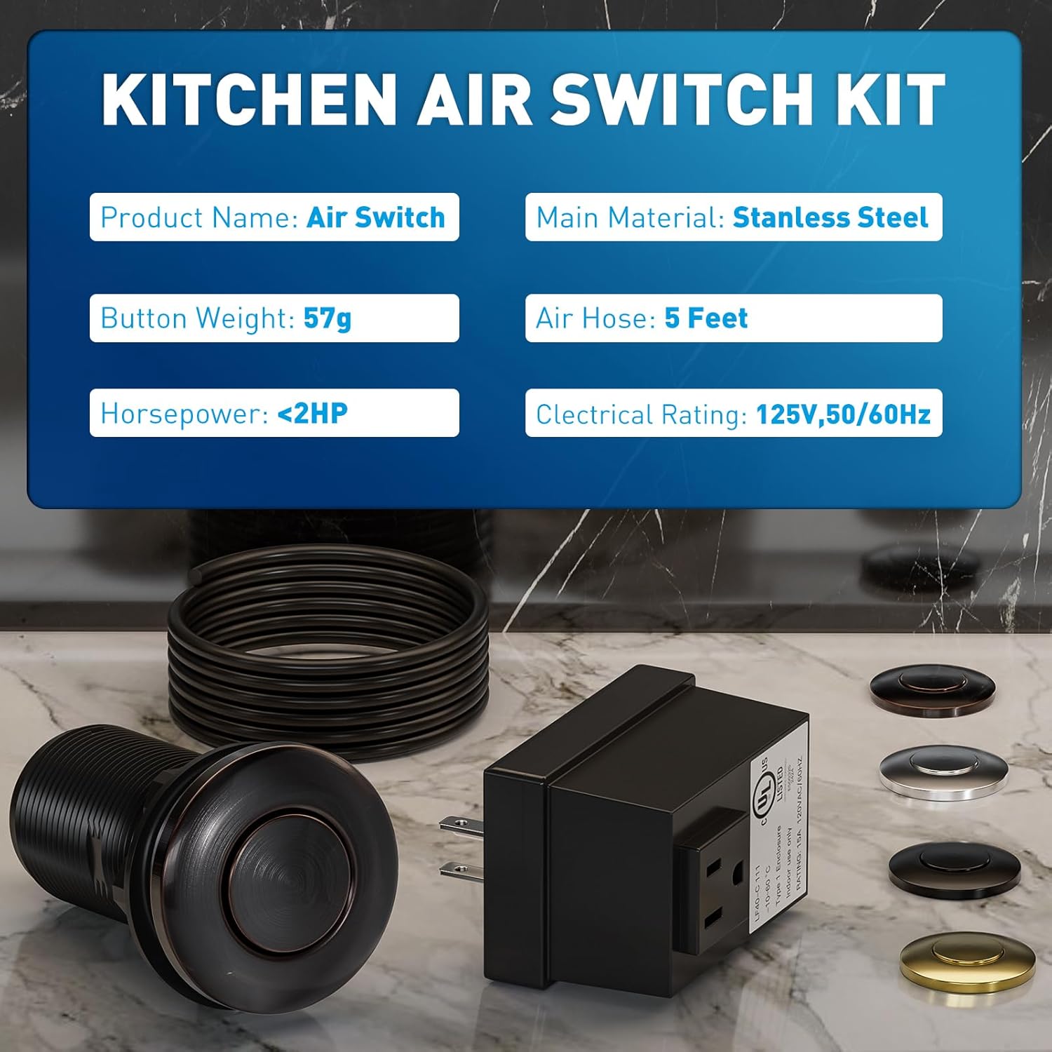 Garbage Disposal Air Switch Kit Sink Top Waste Disposal Long Stainless Steel Black On/Off Air Button Food and Waste Disposals Part, UL Listed