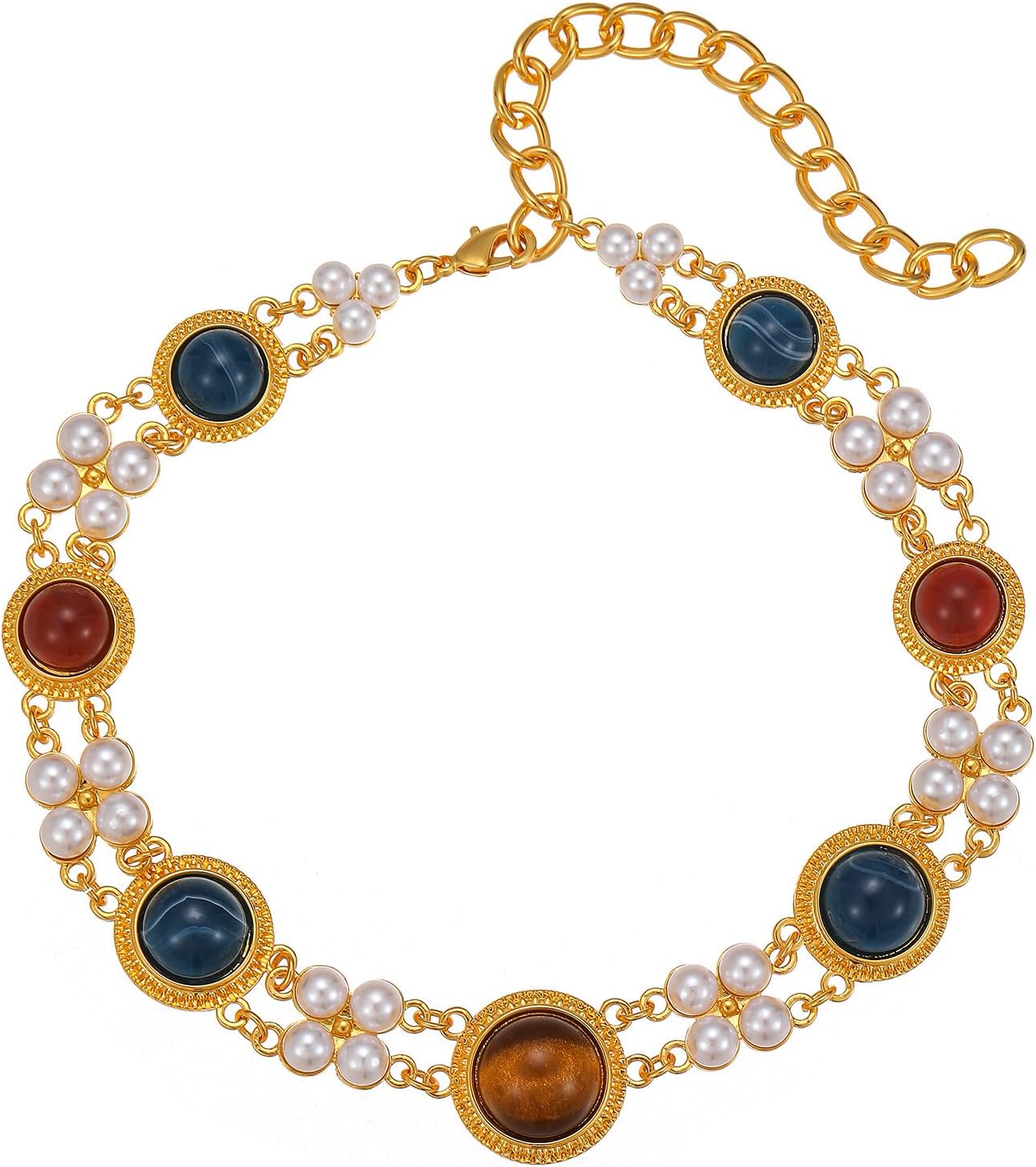 Vintage Gemstone Choker Necklace for Women - 18K Gold Plated Statement Jewelry with Faux Pearls & Multi-Color Stones, Adjustable Length - Image 9