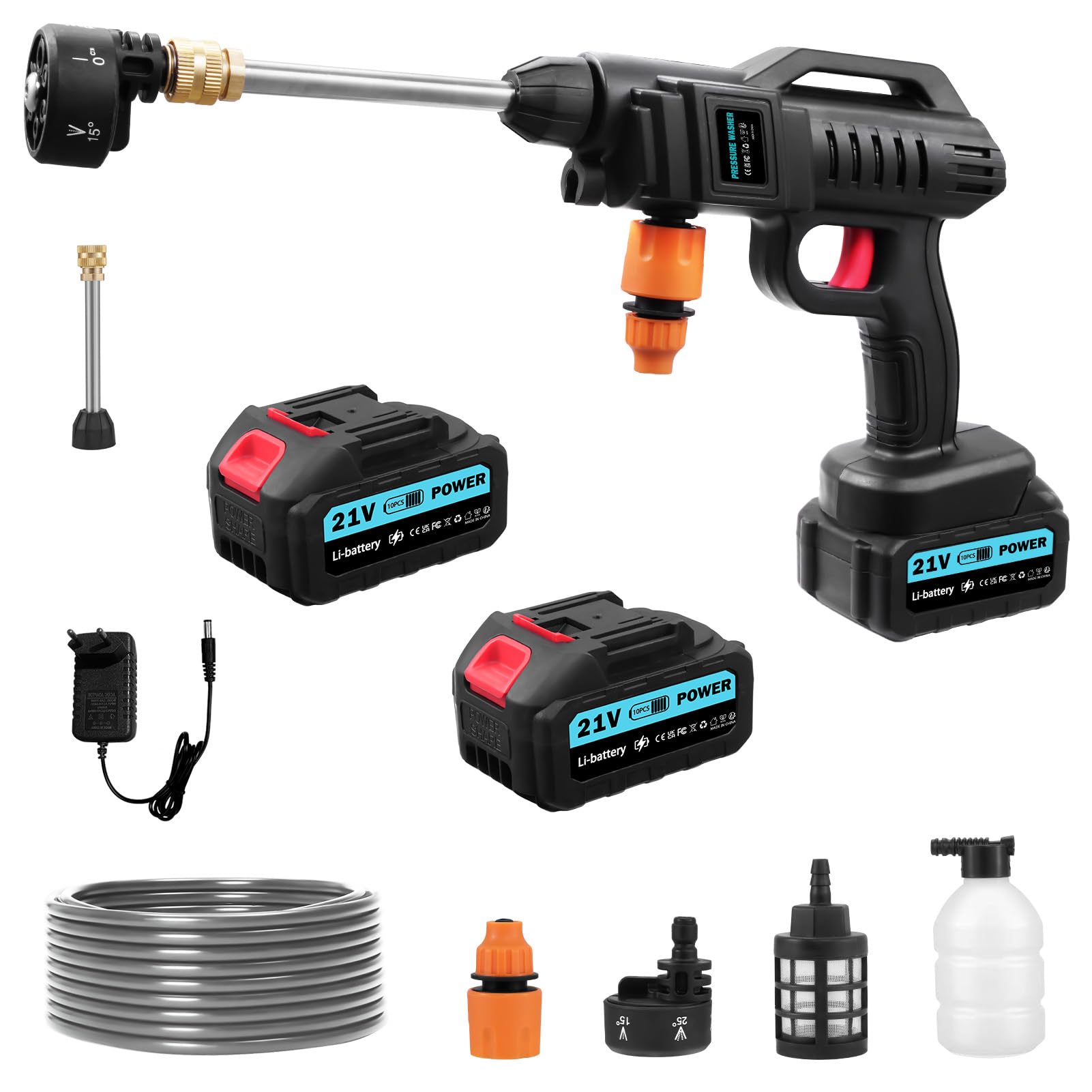 Limpiador de alta presión para coche, 100 bar, pistola de alta presión portátil con boquilla multifuncional 6 en 1, baterías de 2 × 3,0 Ah, limpiador de alta presión portátil, lavado de coches