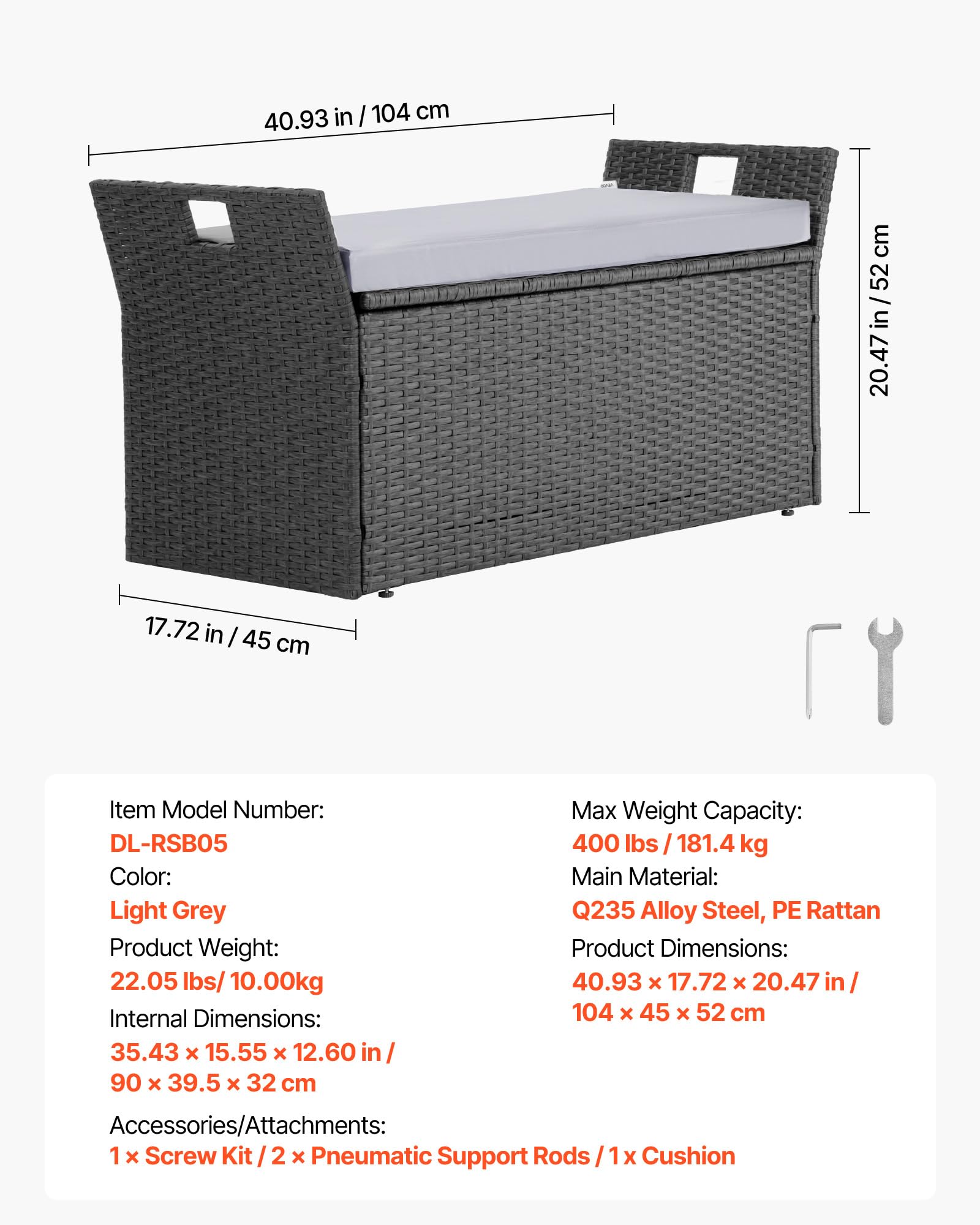 VEVOR Banc de Rangement Extérieur en Rotin Synthétique Coffre de Jardin 151 L Banc de Terrasse avec Coussin, Capacité de Charge 181,4 kg, Poignée Latérale, Siège d'Extérieur pour Patio, Jardin, Balcon