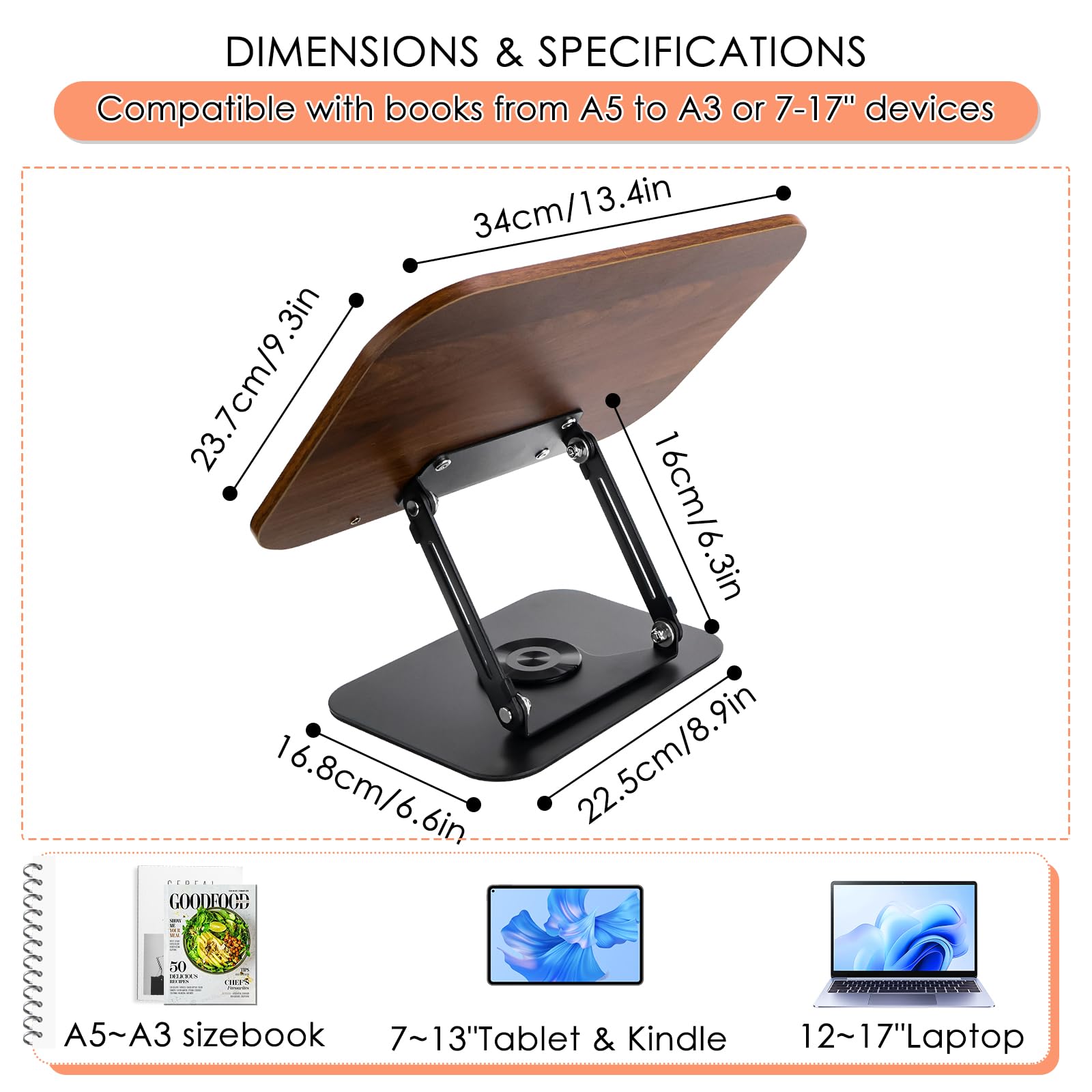 Support De Livre En Bois Réglable QGGTQG - Base Rotative 360°, Hauteur 3,5-34 Cm, Pliable, Pour Tablette Et Ordinateur Portable