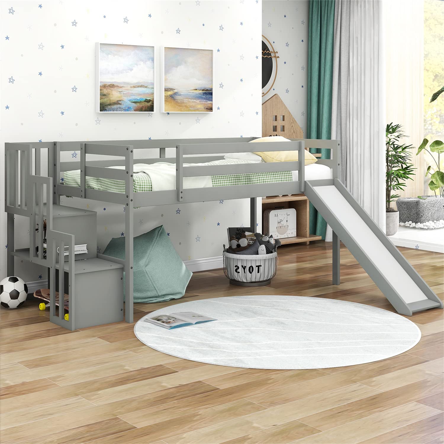 Buy Bellemave Low Loft Bed with Slide and Stairs Twin Size Wood Loft
