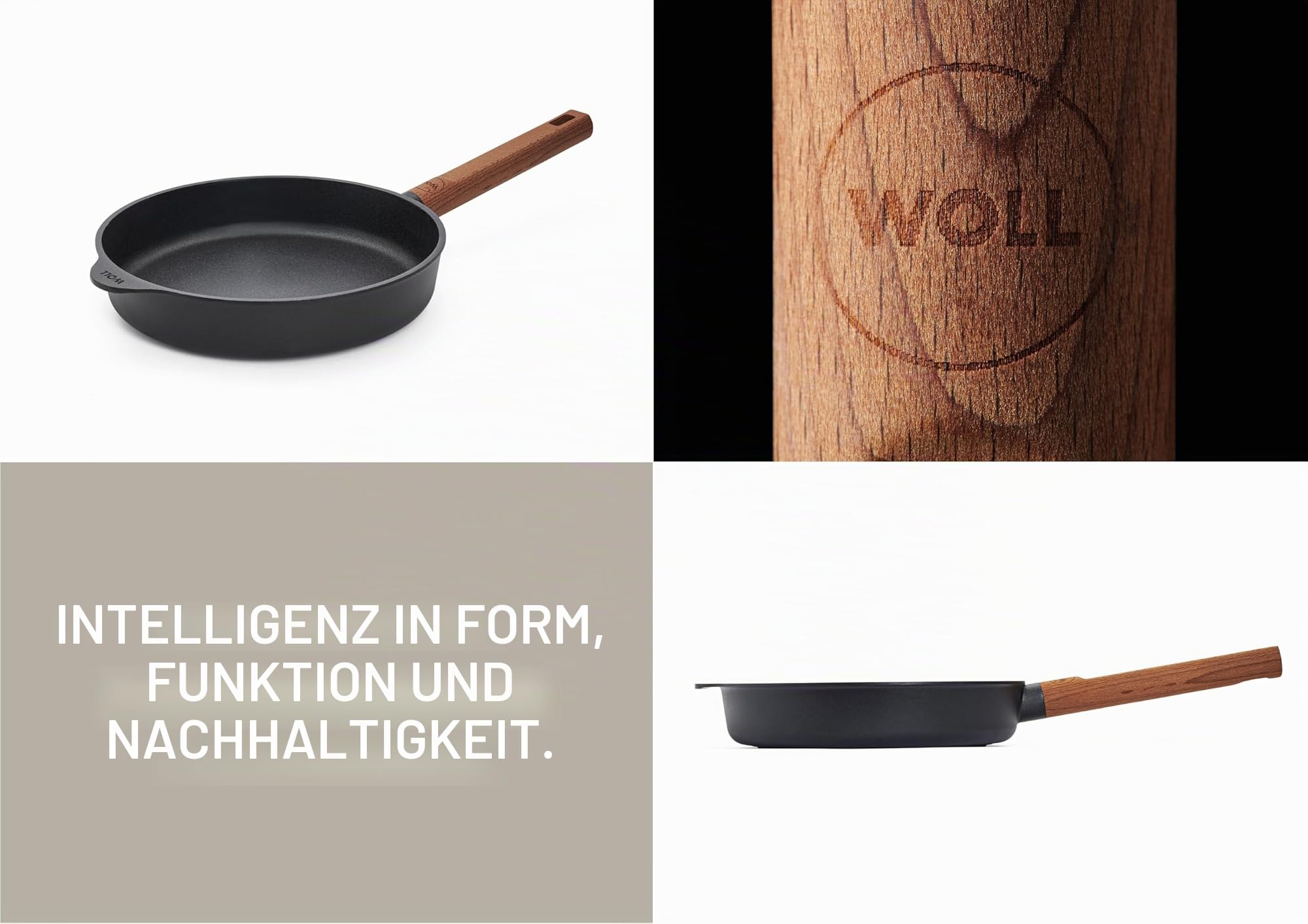 Woll Eco Logic QXR Guss-Flachpfanne - Induktiv -, Ø 24 cm, 5 cm hoch, mit festem nachhaltigem Holzstiel - Geeignet für alle Herdarten, PFAS-frei, Antihaft-Versiegelung, Aluminiumguss, backofenfest