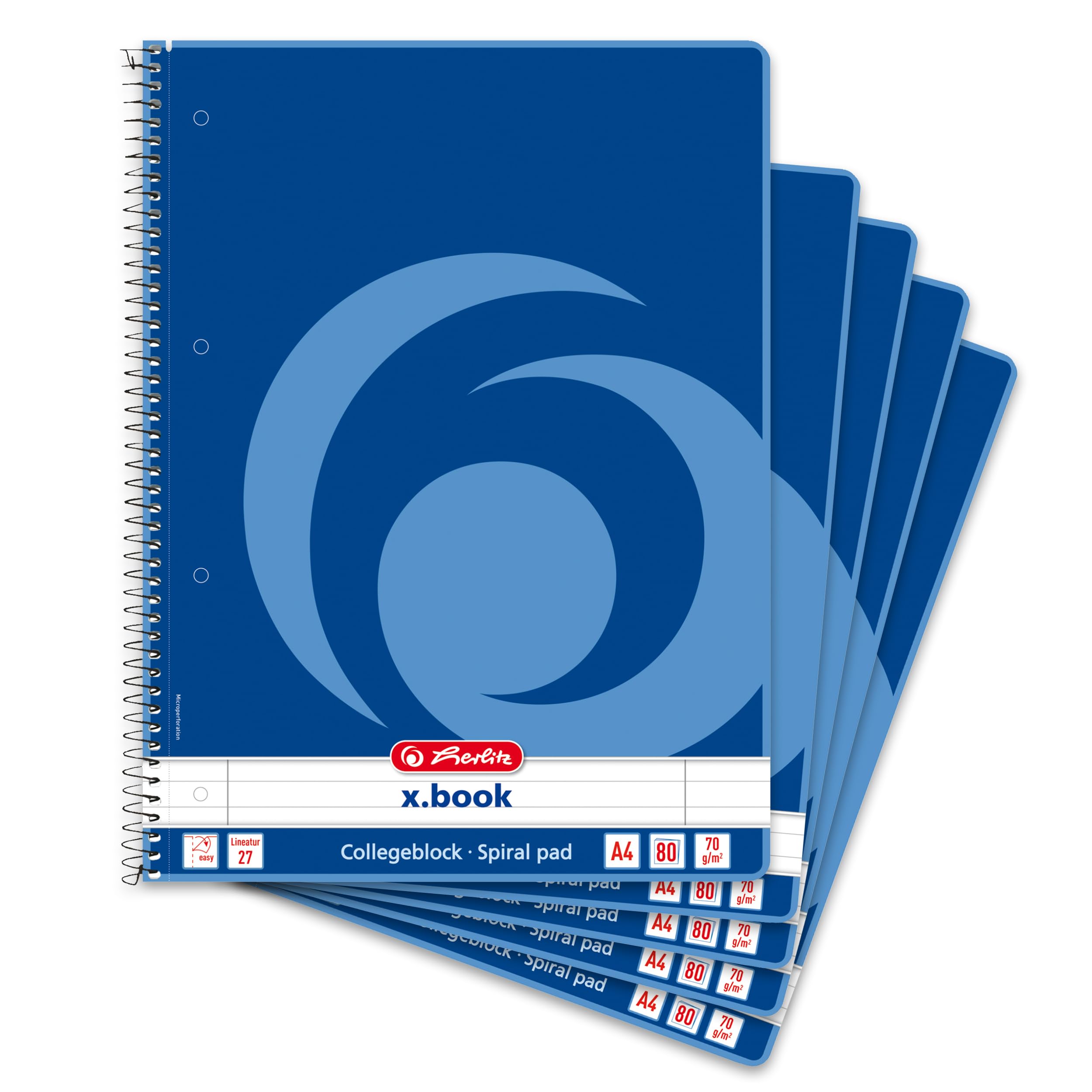 herlitz Collegeblock A4 Liniert, Lineatur 27, 80 Blatt, Rand innen und außen, 5 Stück