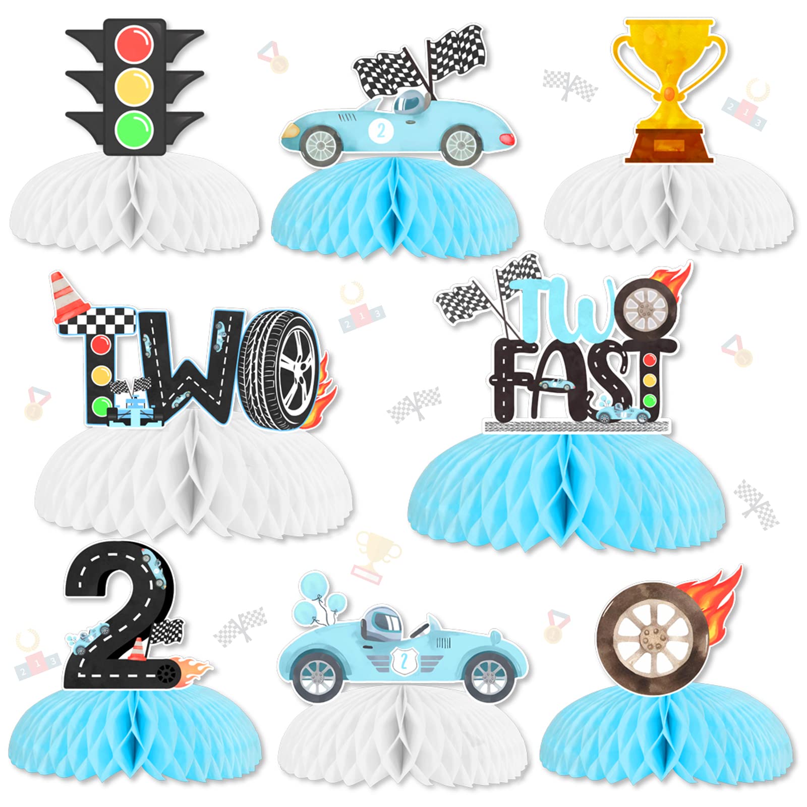 JOYMEMO 8 Pieces Two Fast Honeycomb Centerpieces - Race Car 2nd Birthday Party Decorations for Boys, Let's Go Racing Checkered Flag 2 Years Old Party Supplies Blue Double-Sided Cars Table Decor
