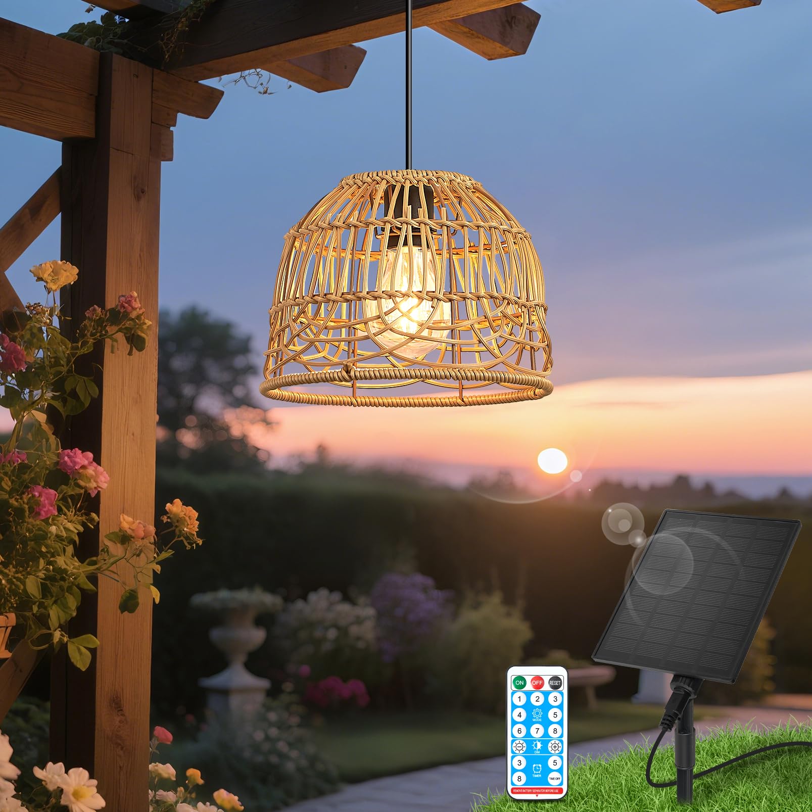 KSIBNW Solarlampen für Außen Garten, Outdoor Rattan Solar Hängelampe mit Fernbedienung Wasserdichte IP65 Pendelleuchte Solarbetriebene Lampe mit Solarpanel und 5M Kabel für Balkon Terrassen Patio