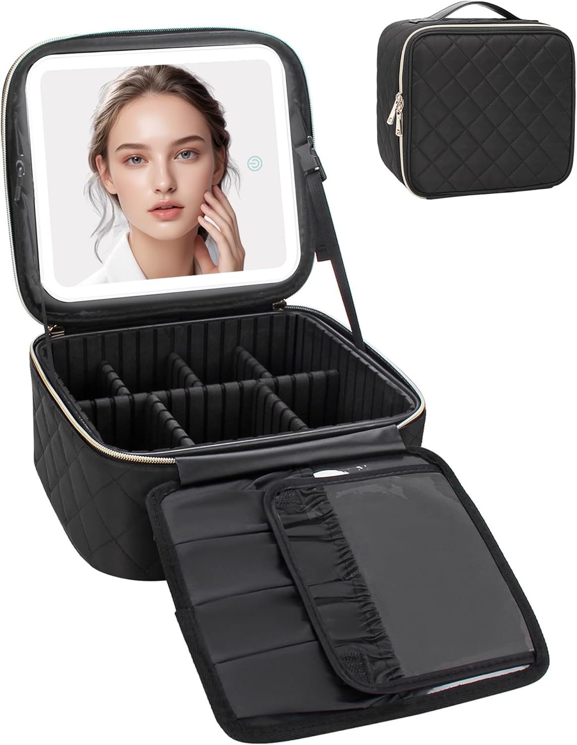 Relavel Makeup Bag with Light Up Mirror, Makeup Case Travel Cosmetic Bags Brush Organizer Storage Box, Rechargeable Vanity Mirror with 3 Color Lights, High Frame Mirror Protection (Quilted Black)