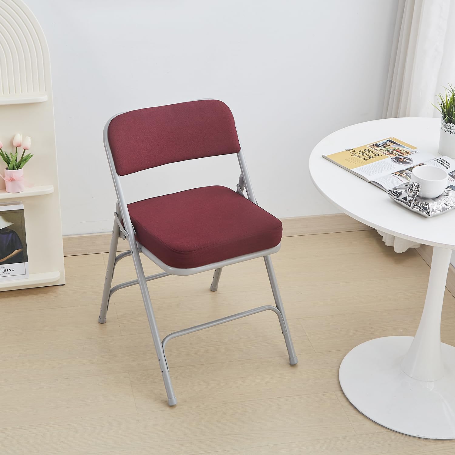 KAIHAOWIN 2 Pack Padded Folding Chairs Upholstered Foldable Chair with Ultra Thick Padded Seat Comfortable Metal Chairs Indoor with Super Soft Fabric Cushion-Red