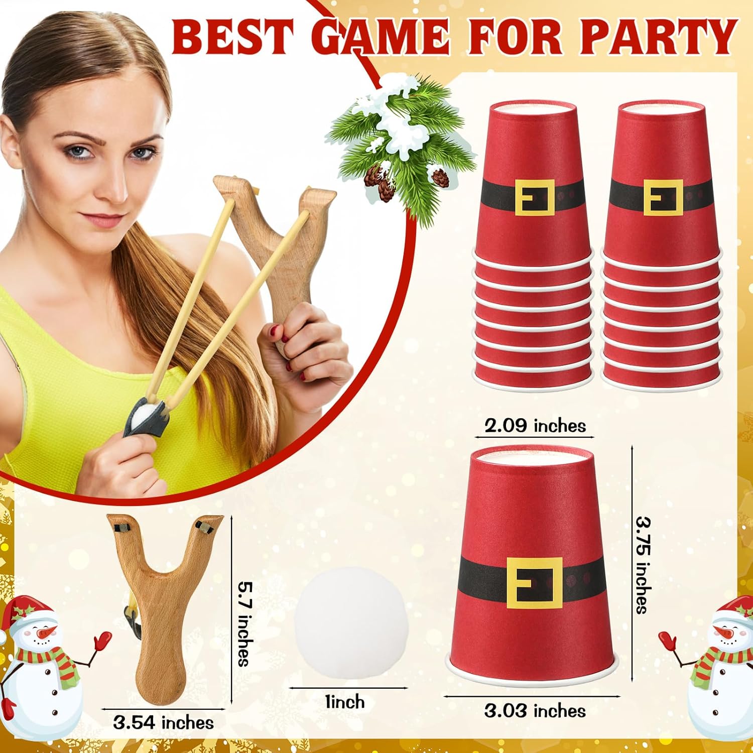 Leitee Christmas Games for Family Adults Christmas Party Game with 24 Santa Belt Stacking Cup 2 Wooden Slingshot 2 Spare Slingshot Rubber Band 20 Felt Fake Snowball for Toss Carnival Parties Group Fun