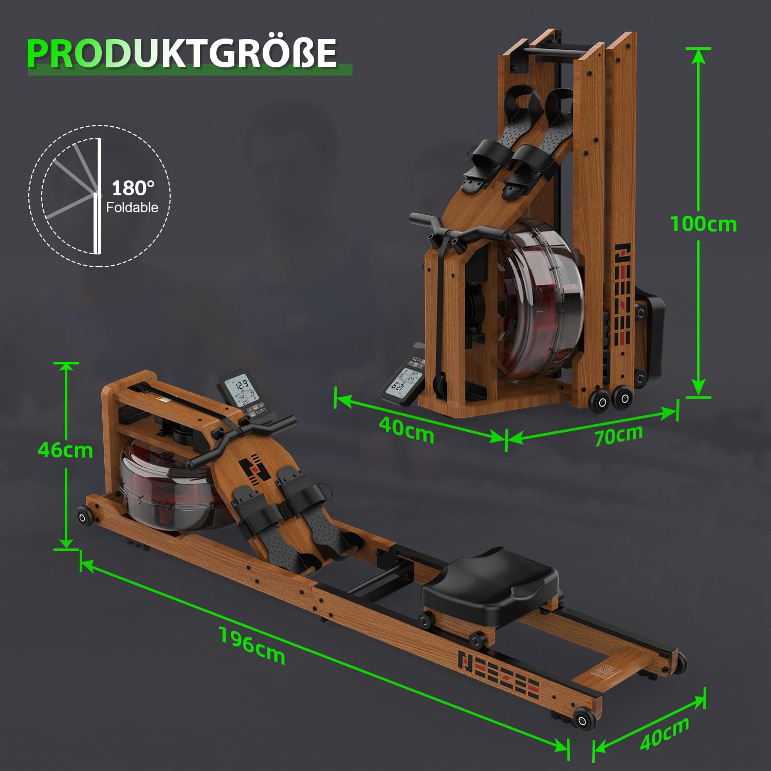 Neezee Wasser Rudergerät für Zuhause, Klappbar Rudergeräte aus Massivholz, Rudermaschine mit Bluetooth Anzeige und Tablet-Halterung, Max 200kg Belastbar, Kompatibel mit Kinomap APP