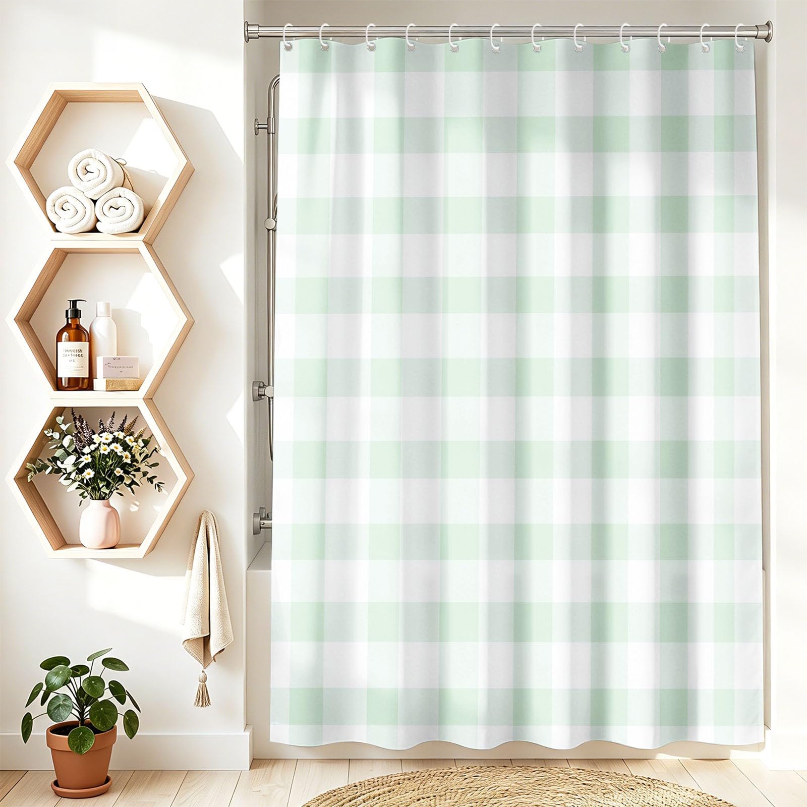 Rideau de Douche Moderne Minimaliste en Polyester imperméable et Lavable avec Crochets, 240 x 200 cm, Rideau de Salle de Bain Carreaux Campagne Carrés Vert Blanc Frais pour Salle de Bain
