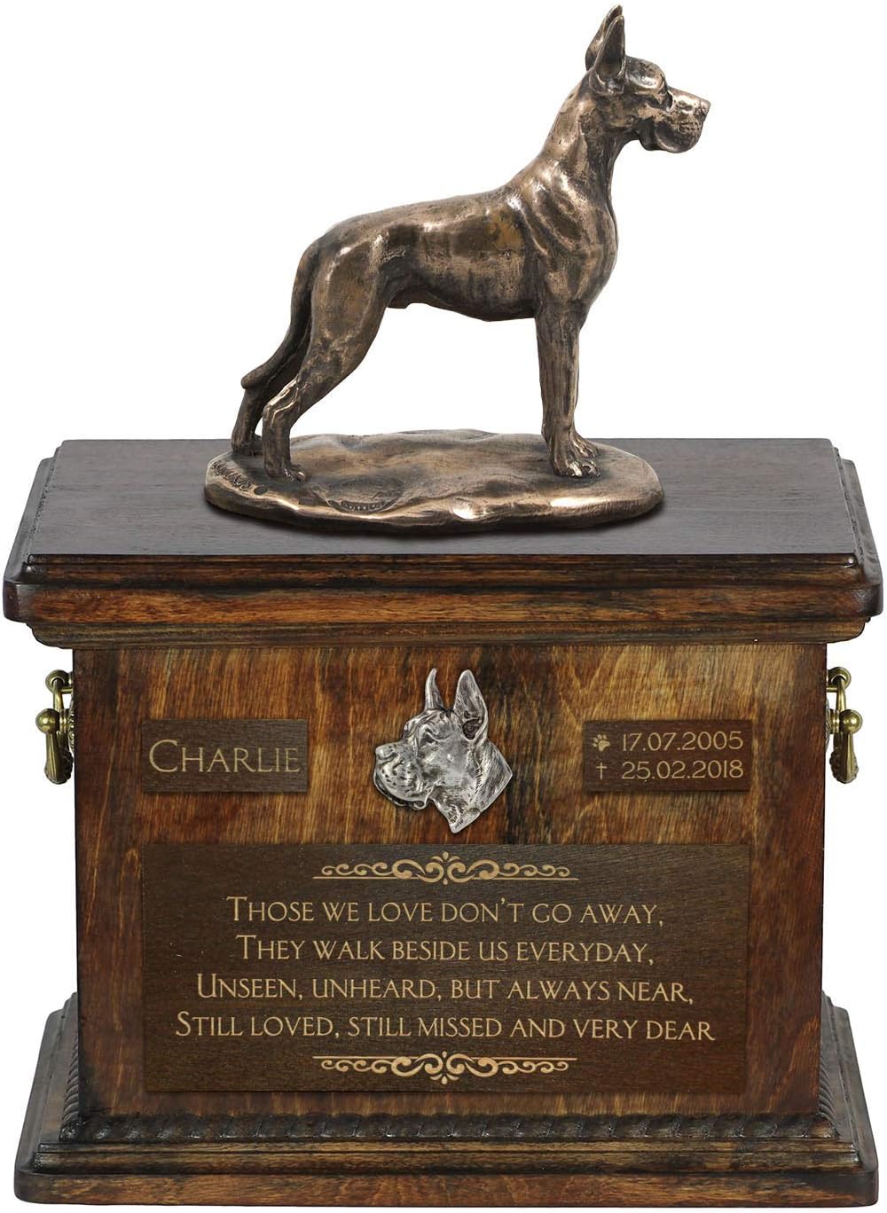 Art-Dog Custom Dog Sitting Statue Memorial Urn - Handmade Cold Cast Bronze on Birch Base – Sturdy and Stylish Urn for Dog’s Ashes – 8.3x11.4x8.7 – 5l – Great Dane