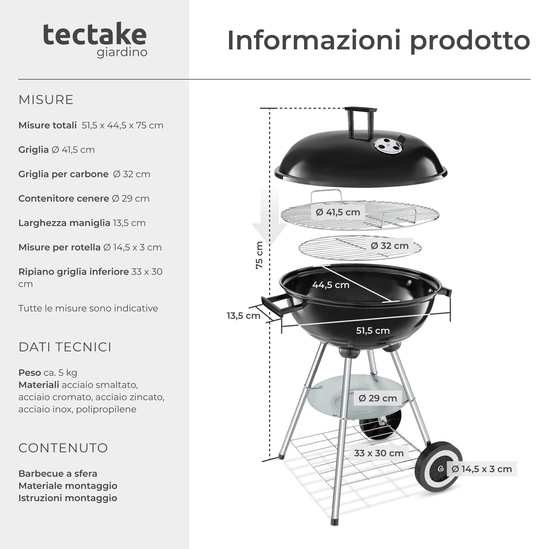 tectake®, Barbecue Carbonella a sfera con coperchio, Ø 41,5 cm, griglia barbecue portatile con ruote, bbq carbonella con raccoglicenere, barbeque da esterno, Ideale per Grigliate e Arrosticini