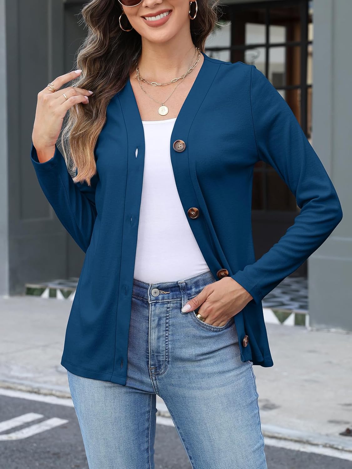 Womens Button Down Shirts Long Sleeve V Neck Tops Casual Fall Tunics Tops Loose Fit - Image 3