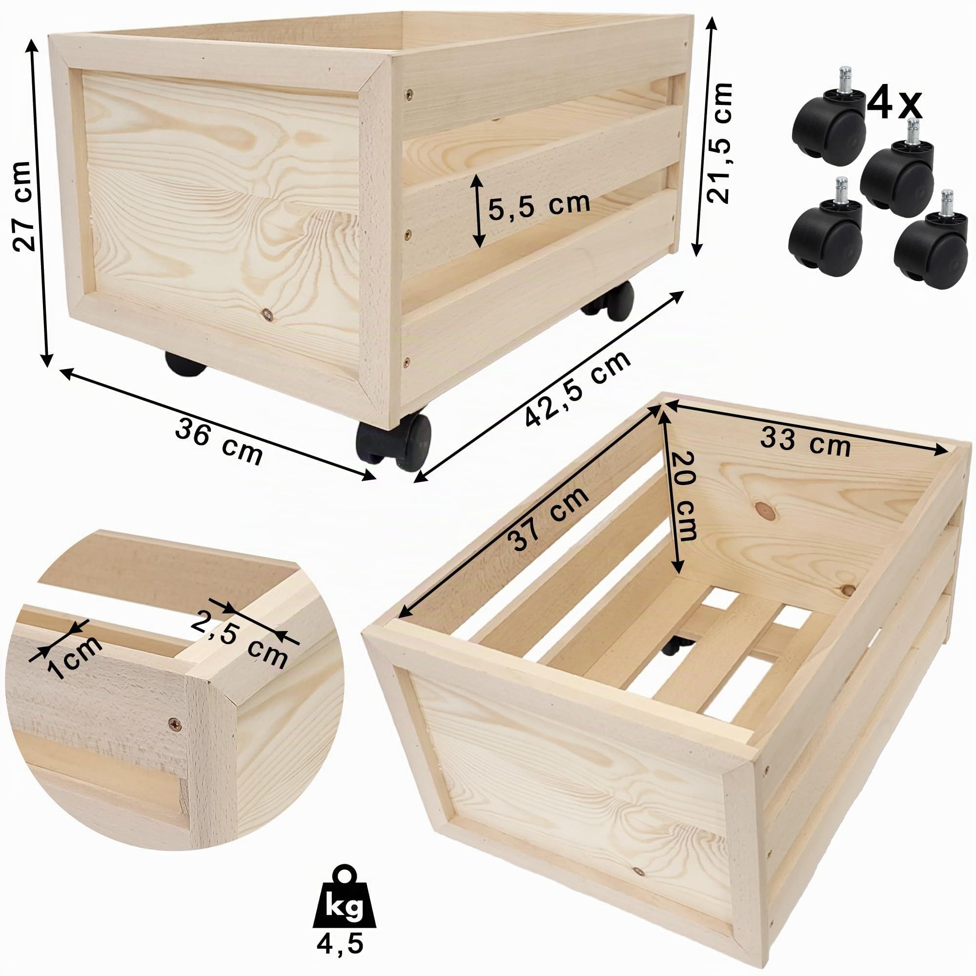 weeco Caisse en bois avec roues pour disques vinyle. Caisse en bois ajourée sur roues pivotantes pour livres, documents, bouteilles. Boîte de rangement en bois de hêtre - Construction solide