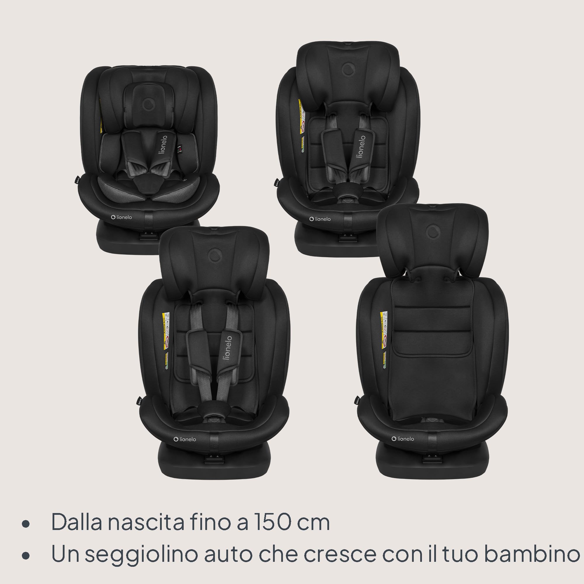 Lionelo Bastiaan i-Size Seggiolino Auto Evolutivo 4-in-1 per bambini 0-12 Anni (40-150 cm) ISOFIX e l'ultima Norma R129 Opzione Rivolto All'indietro, 21 Regolazioni, Girevole 360° Protezione Laterale