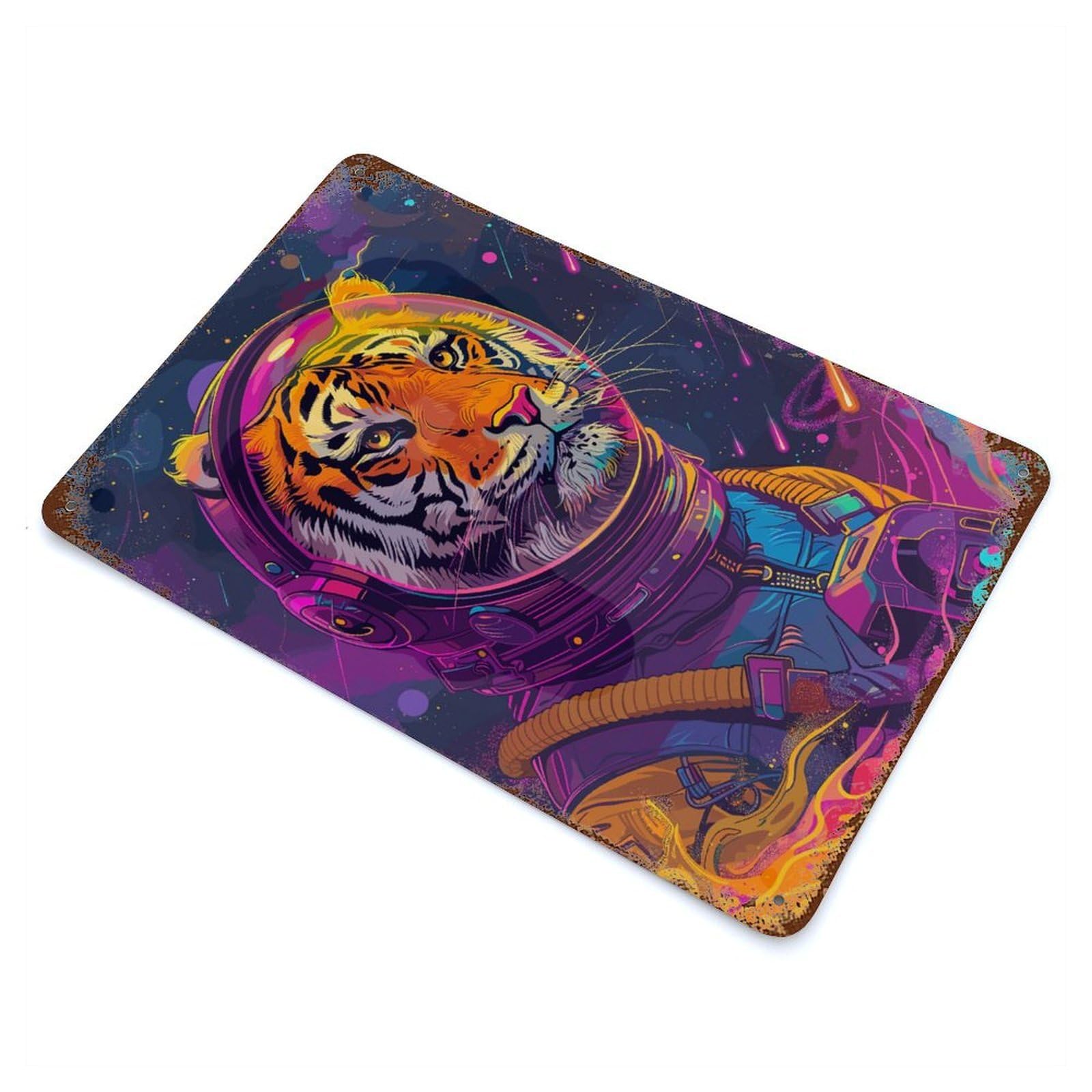 Garage Style Tiger Astronaut Space Rusty Metal Tin Sign 11.8"x7.9", Shabby Chic Decor for Bar And Workshop