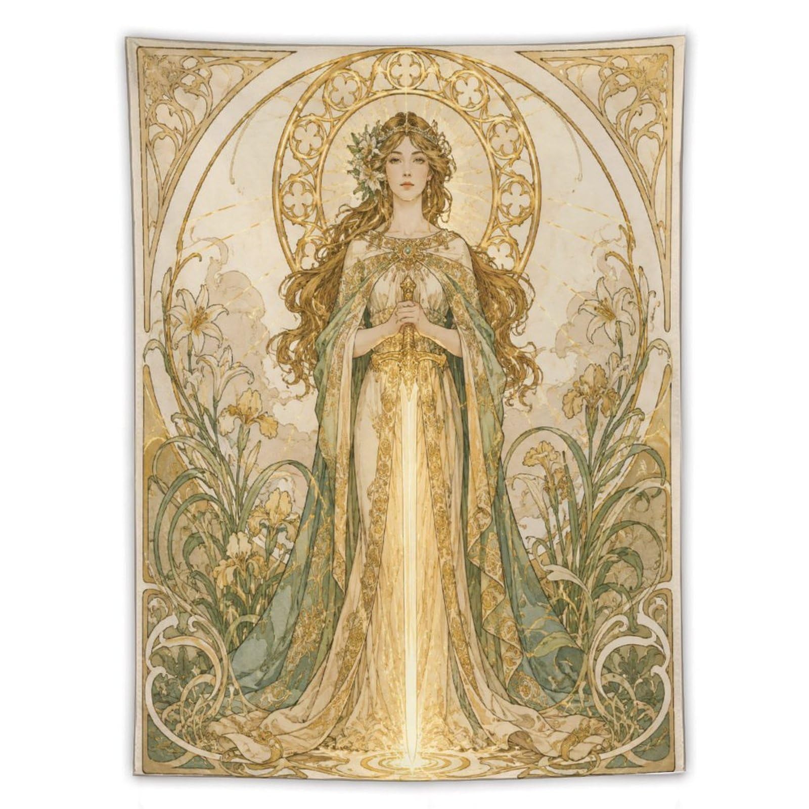 H3B8U2Y5 Golden Goddess Glowing Sword Wall Tapestry, Art Nouveau, Bed
