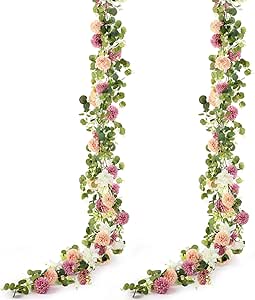 Giegxin 2 Pack 6 ft Artificial Flower Garland with Dahlias and Chrysanthemum Dusty Pink Summer Eucalyptus Greenery Garland for Wedding Porch Stair Table Centerpieces Baby Shower Birthday Decor