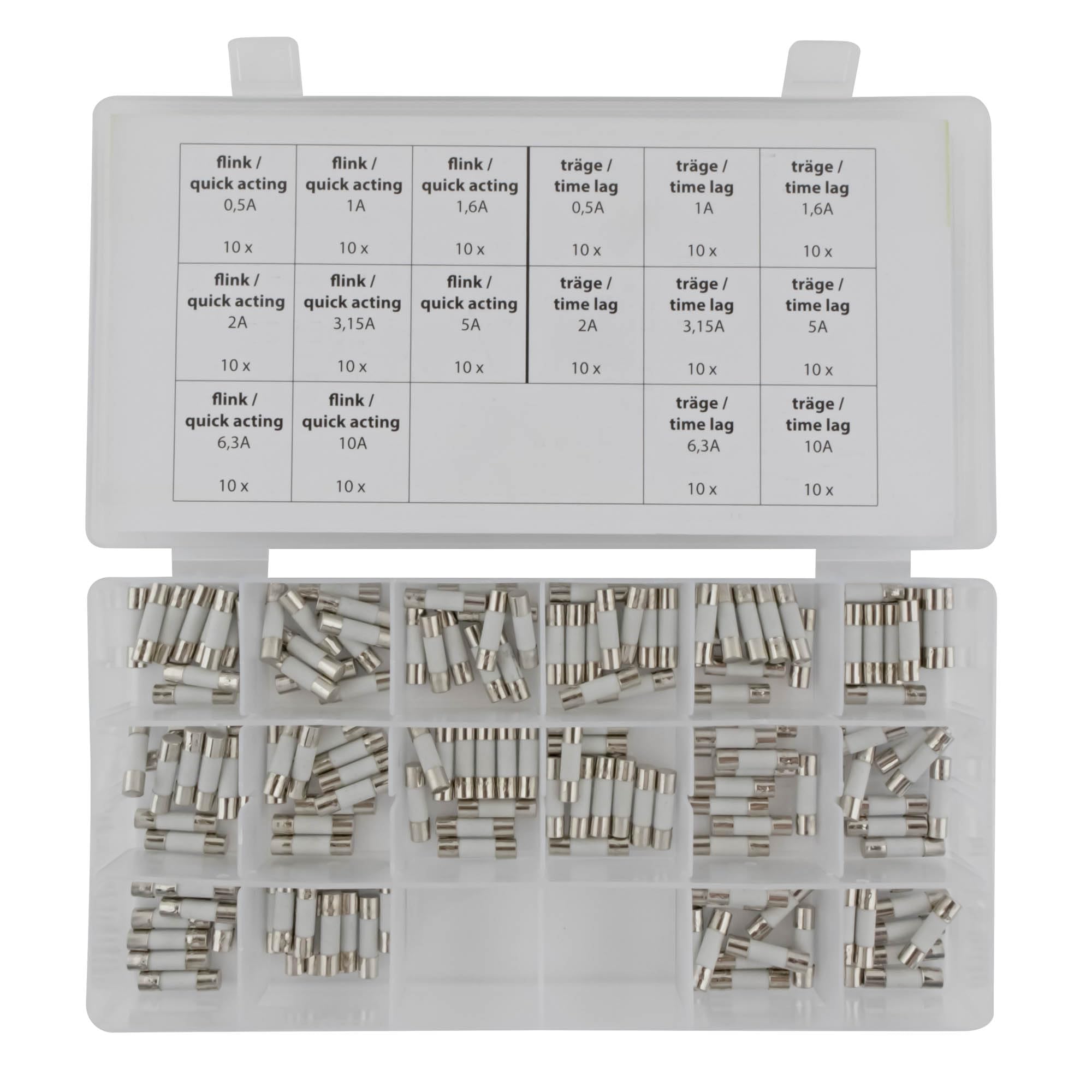 SeKi 160 elementów bezpieczników precyzyjnych/bezpieczniki ceramiczne 5 x 20 asortyment 160-częściowy 16 rodzajów; 8 x Flink + 8 x wspornik 0,5 A, 1A, 1,6 A, 2 A, 3,15 A, 5 A, 6,3 A i 10 A;