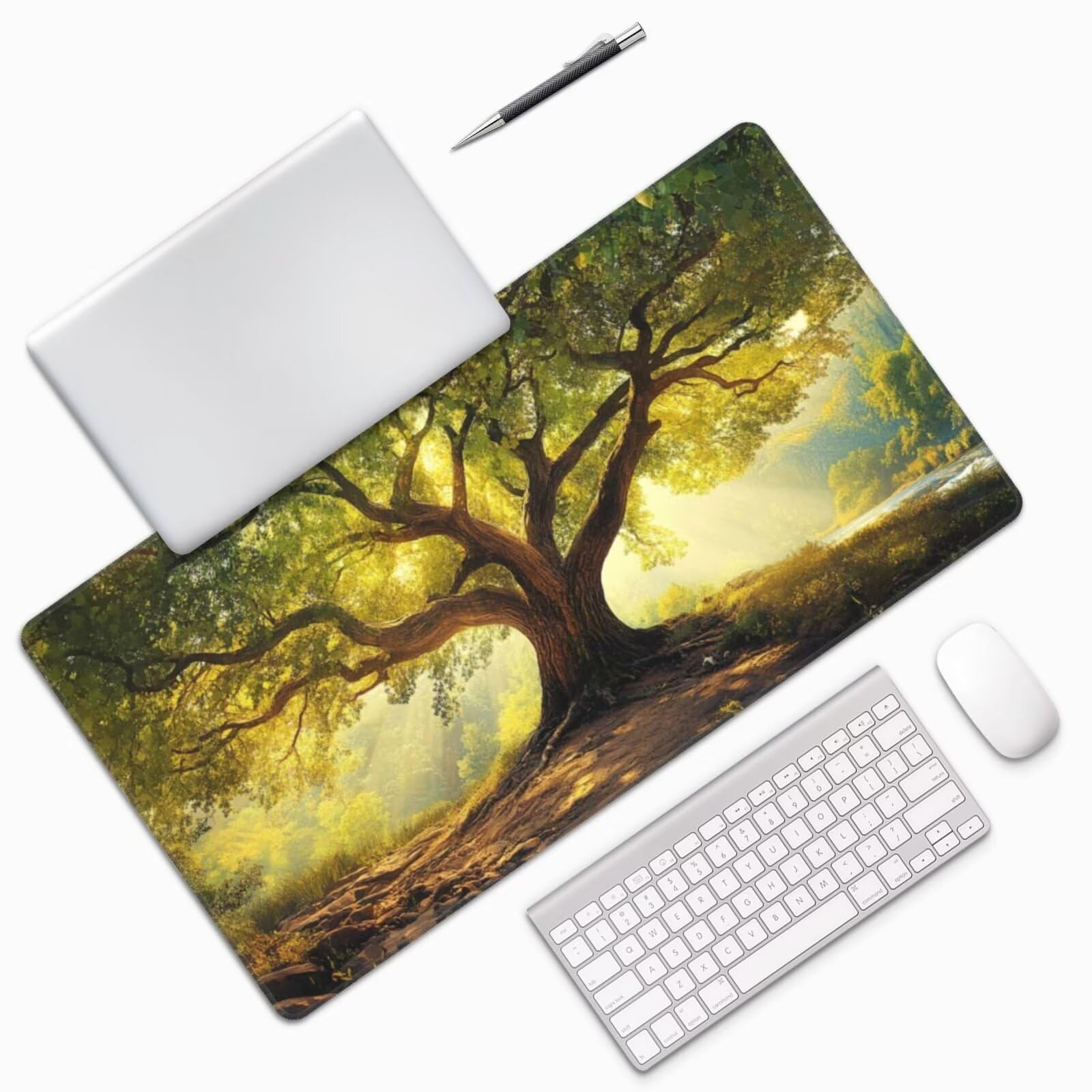 Gaming Mauspad XXL 1000x500x3mm Mousepad Verlängertes Groß Mauspad Schreibtischauflage,Genähte Kanten rutschfeste Gummibasis,Verbessert Präzision Geschwindigkeit Home Office Grüner großer Baum L-3672