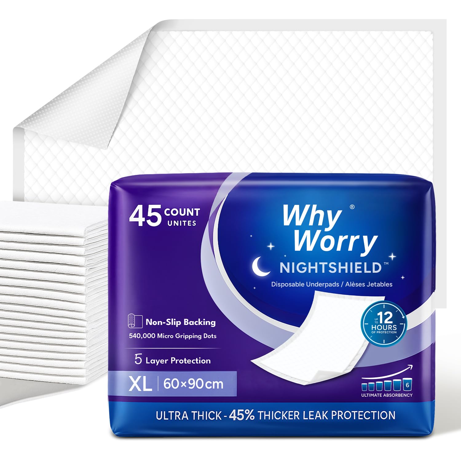 WhyWorry NightShield Traverse Letto Anziani, 60 x 90 cm Traverse Salvaletto per Incontinenza Adulti, Traversa Assorbenti Monouso Salva Materasso, Impermeabile e Antiodore, Donna e Uomo, 90 Pezzi