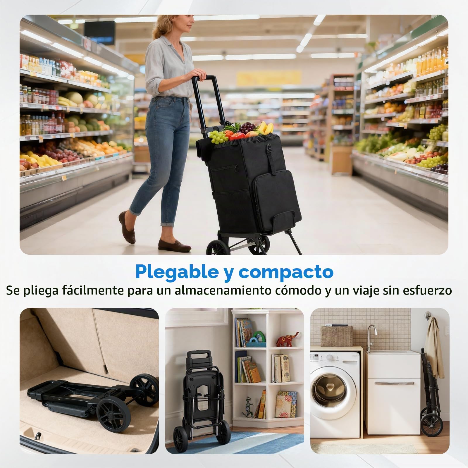 Housolution Carrito Carro Compra Plegable con Ruedas | 46L/136KG Capacidad, 2 en 1 Carretilla de Transporte Compacto para Acampar y Viajes