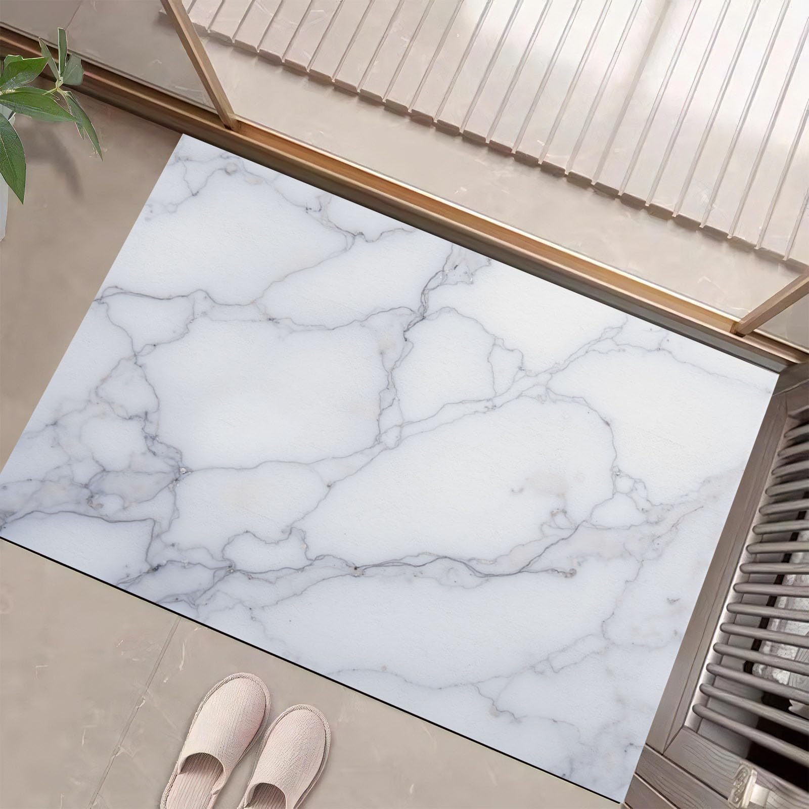 Tapis d'entrée lavable en machine avec dossier antidérapant et motif marbre