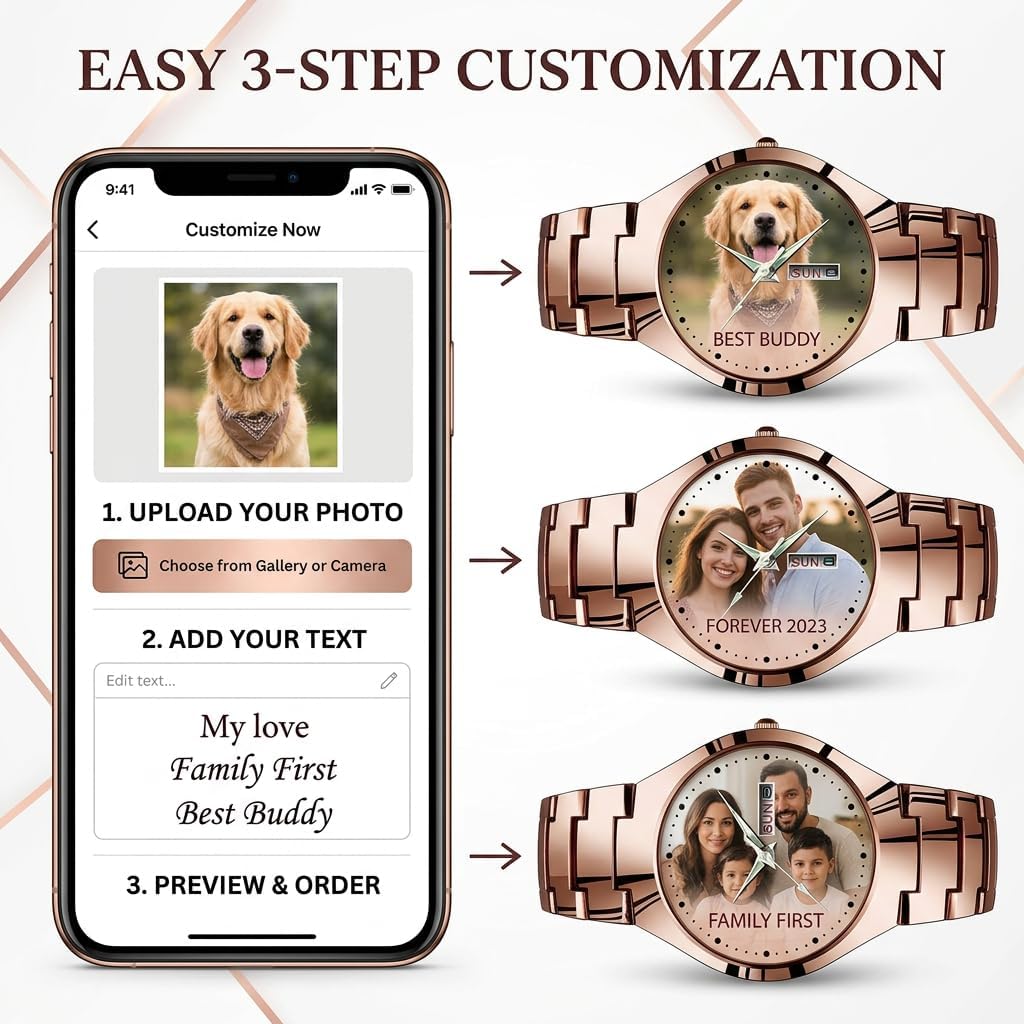 Personalized Watch Custom Watches with Photo Picture Watch for Men, Personalized Fathers Family Women Mens Couples Gift for Husband Or Dad 001