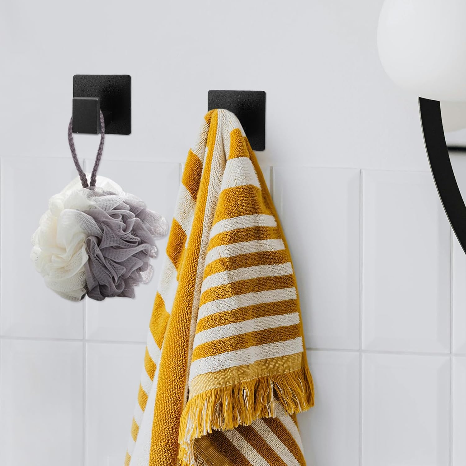 2 Pack Matte Black Square Self-Adhesive Heavy-Duty No-Drill Wall Hook for Hanging Towels, Coats, Clothes in Bathroom, Kitchen, Bedroom, Office