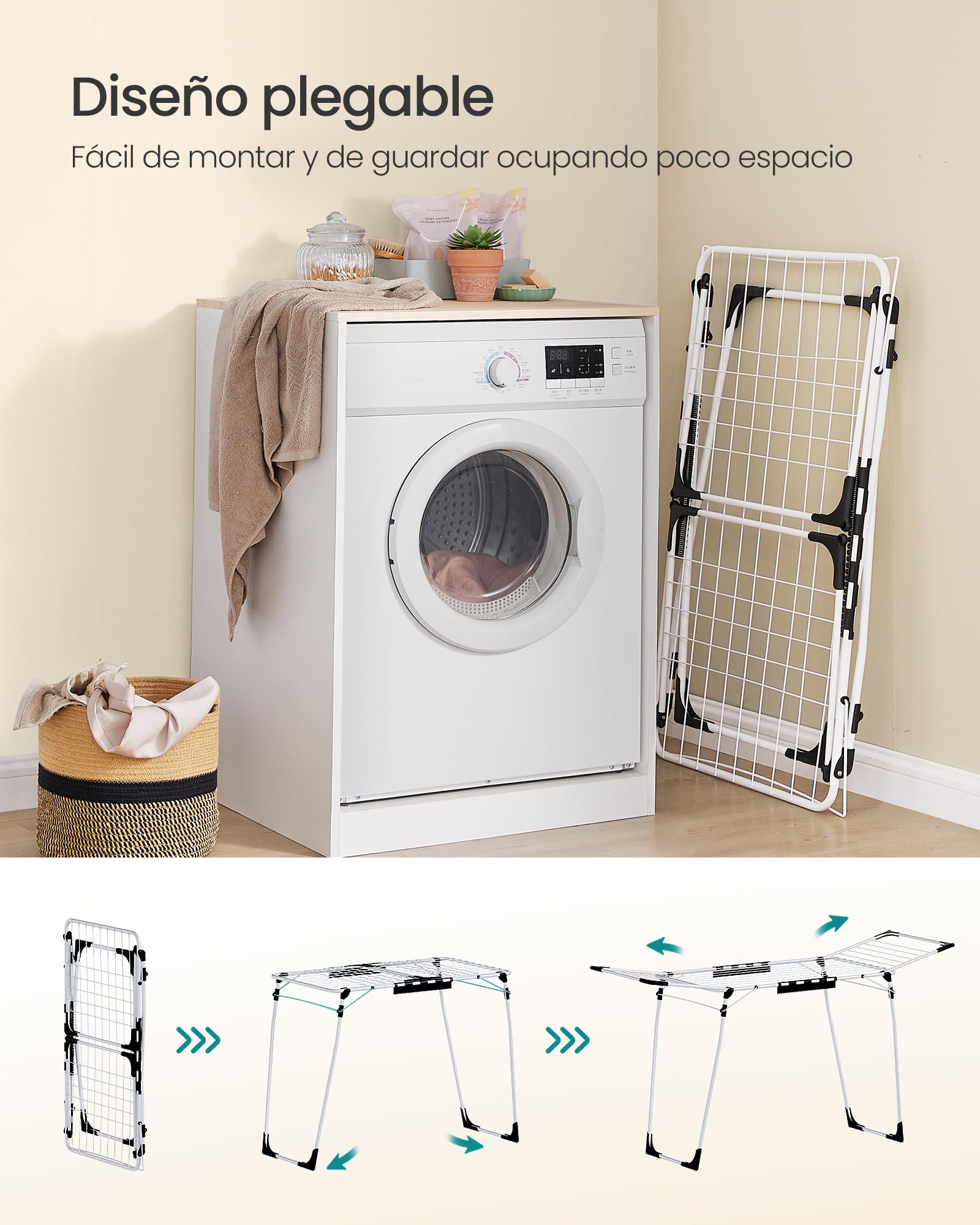 SONGMICS Tendedero de pie, 56,5 x 173 x 96,5 cm, tendedero de alas para Ahorrar Espacio, con Soporte para Calcetines, Metal, para Ropa, Toallas, lavandería, Blanco LLR518W01