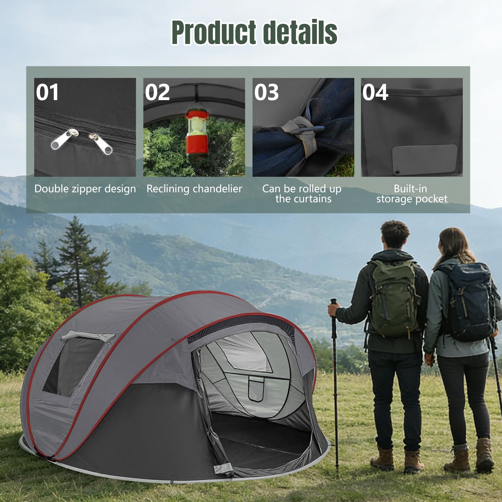Camping Zelt, Pop Up Zelt 4-5 Personen, Automatisches Aufstellzelt in 3 Sekunden, Wurfzelte Wasserdicht Sonnenschutz, Familie Zelt, Tragbares Leichtes Kuppelzelt für Outdoor Camping
