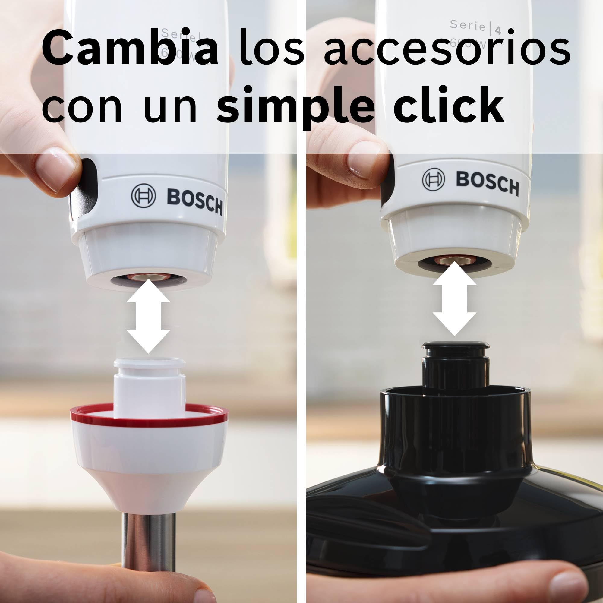 Bosch - Batidora de mano ErgoMaster Serie 4, 600 W, Control de velocidad con una mano, Cuchillas QuattroBlade, Vaso medidor incluido, Blanco, MSM4W220
