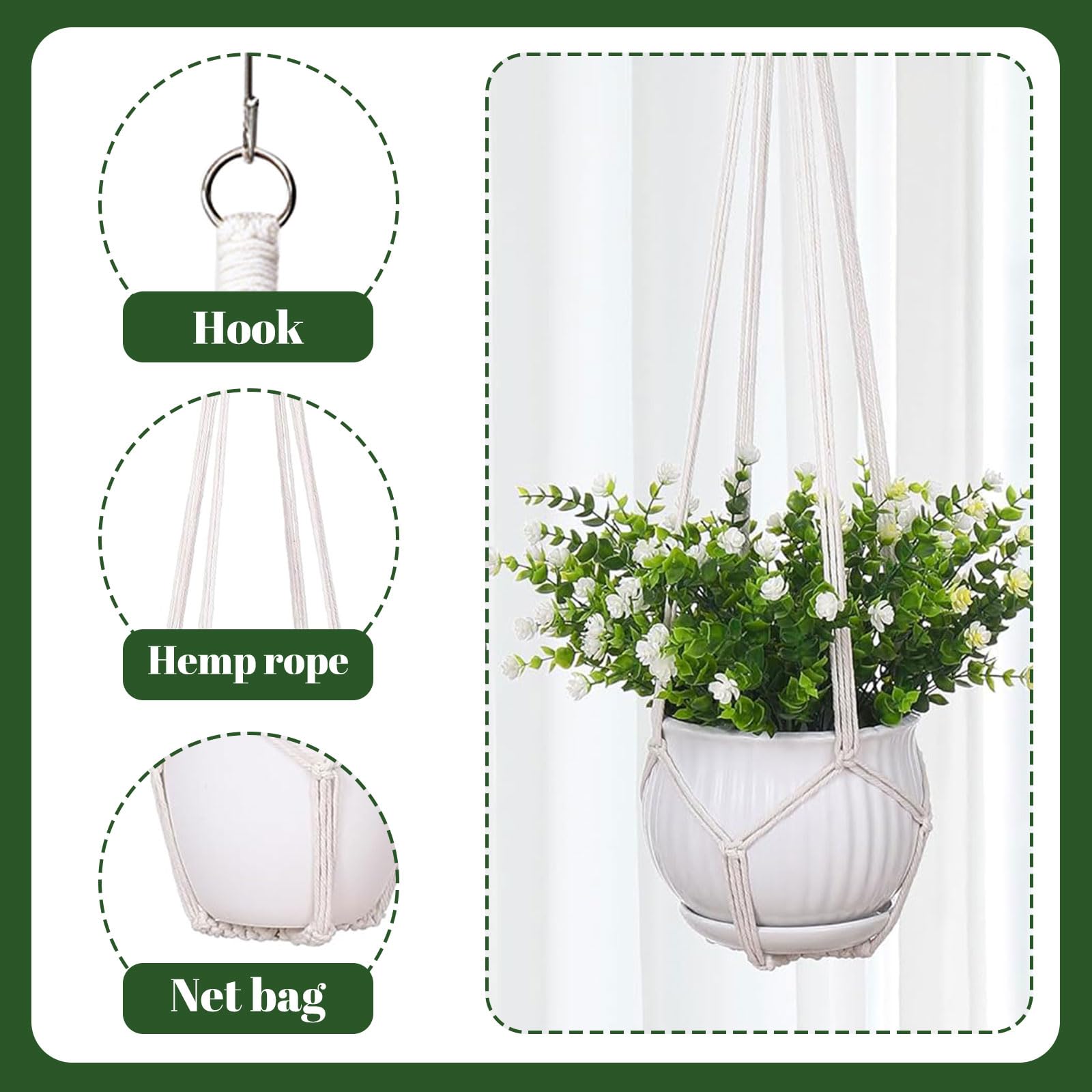 Suspensions pour Plantes en Macramé Lot de 3, Crochets Inclus, Support Intérieur Extérieur, Style Boho, Ivoire