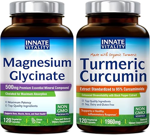 Innate Vitality Glicinato de magnesio y curcumina de cúrcuma orgánica con pimienta negra paquete de suplementos para hombres y mujeres sin OMG sin