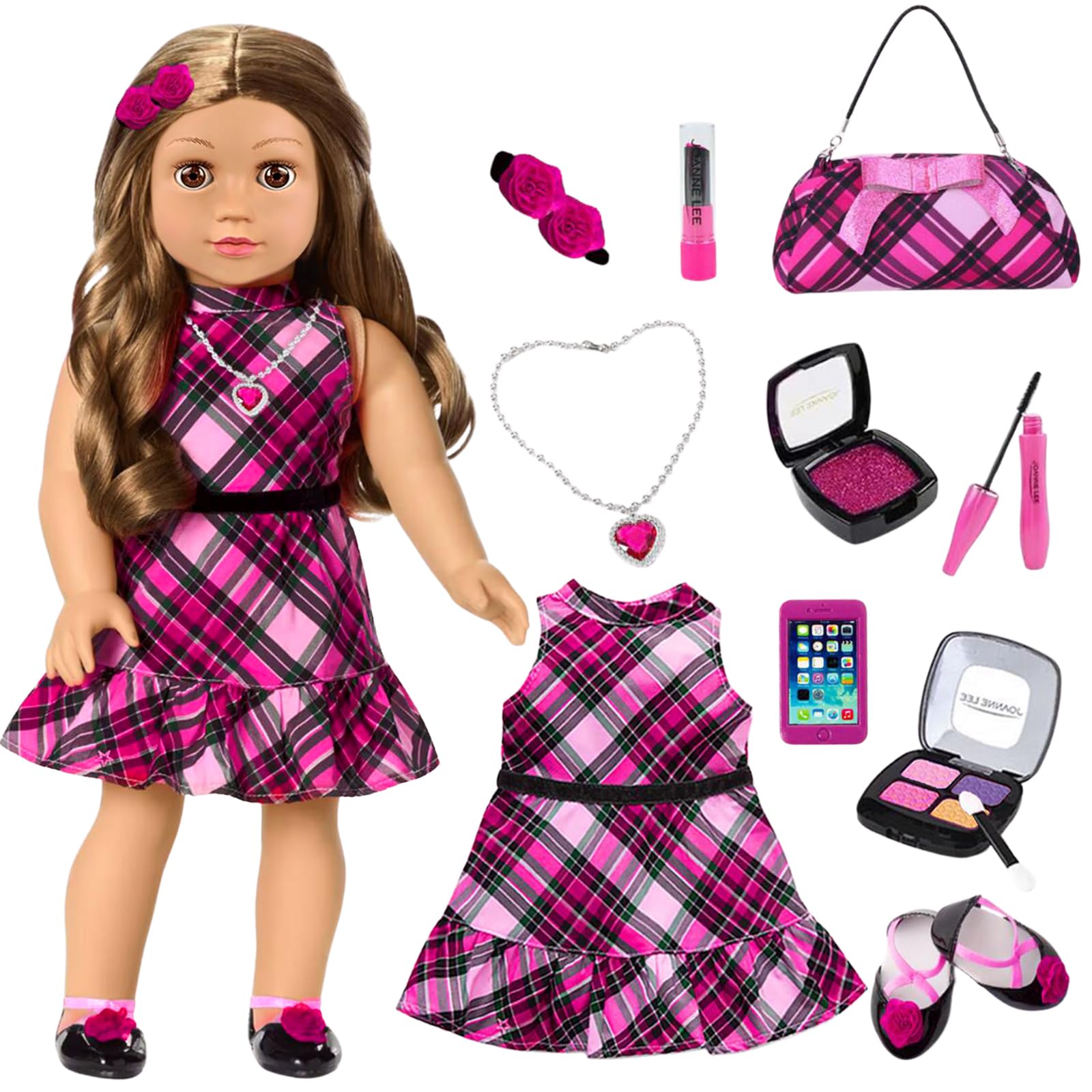 Muñecas americanas de 18 pulgadas, accesorios y ropa de maquillaje, bolsa de vestir de moda para muñecas de 18 pulgadas, incluye trajes, zapatos, juguetes cosméticos, regalo para bebé niña (sin muñeca