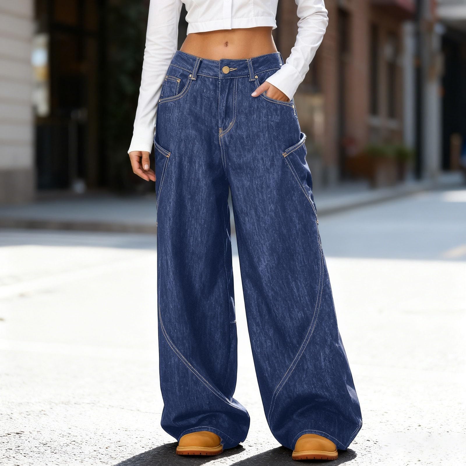 Generico Pantaloni Sportivi Donna, Pantalone Donna Comodo,Jeans Stile retrò da Strada con Design Unico Gamba Svasata Curva Larghi Lunghi al Pavimento