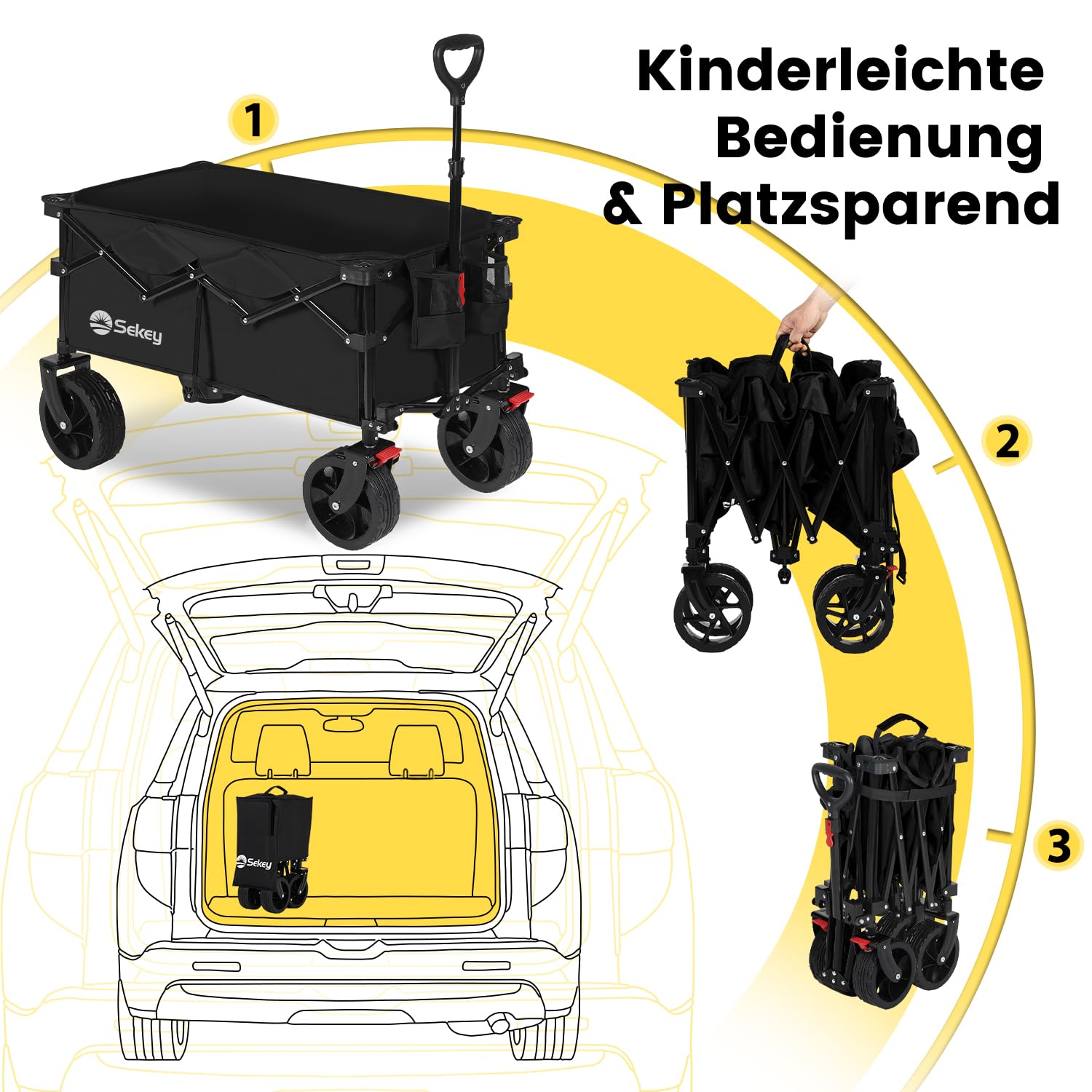 Sekey XXL 4020 Bollerwagen Faltbar 150L 150KG All-Terrain Reifen | Faltbollerwagen Breite Räder mit Bremse Handwagen, Patentiert 4-Wege-Sofortaufbau Transportwagen, Schwarz