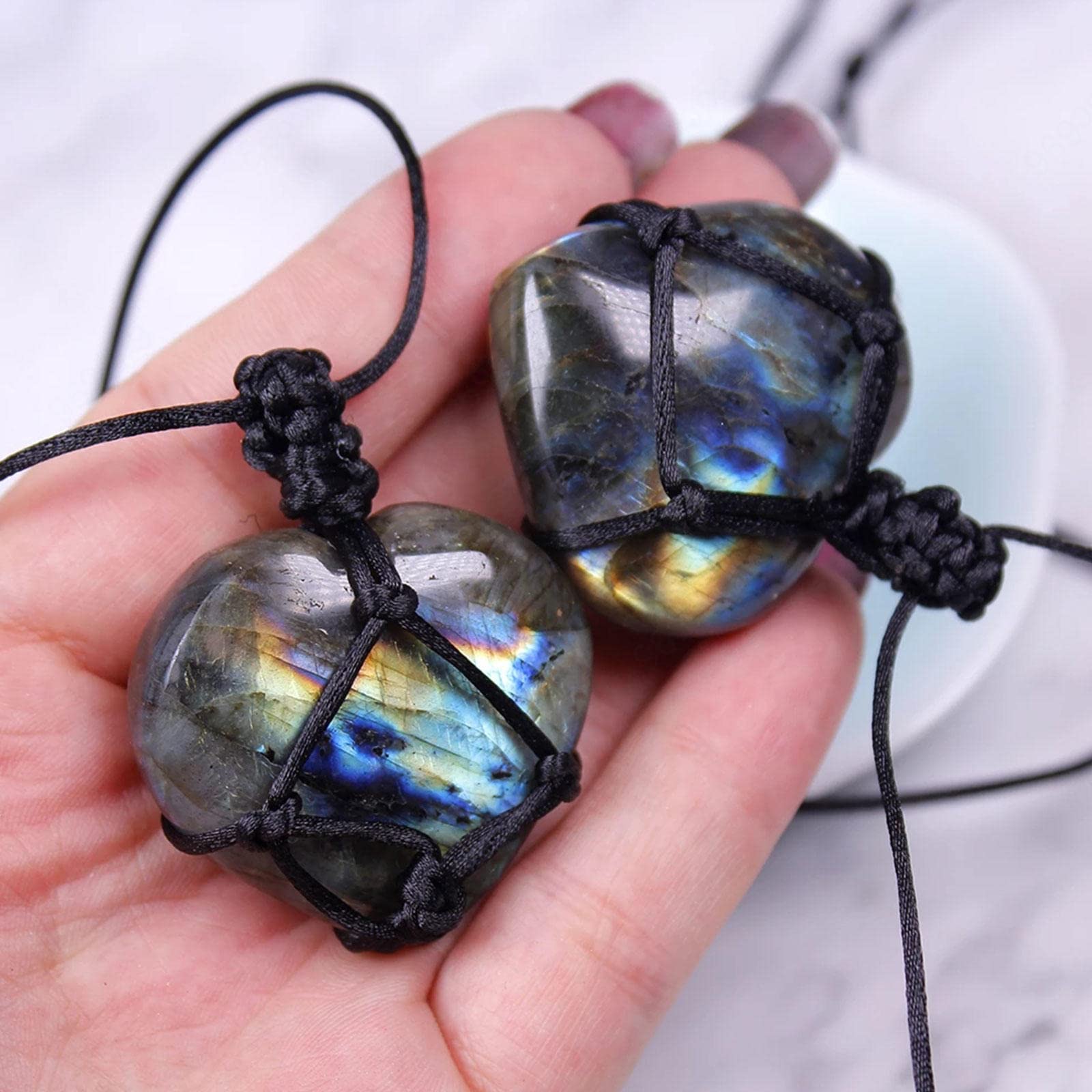 Collar de Cristal de corazón de labradorita Natural Colgante de Chakra curativo con Cuerda Tejida a Mano Colgante de Piedra curativa de Piedra Lunar de Piedra de Palma de labradorita