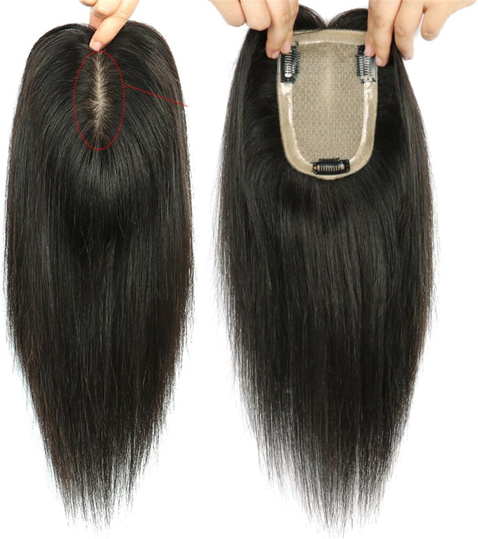 Human Hair Toppers Clip in Crown Wiglet Hairpieces for Women with Thinning Hair 3.6"x 5.5" Silk Base, 8" Dark Brown