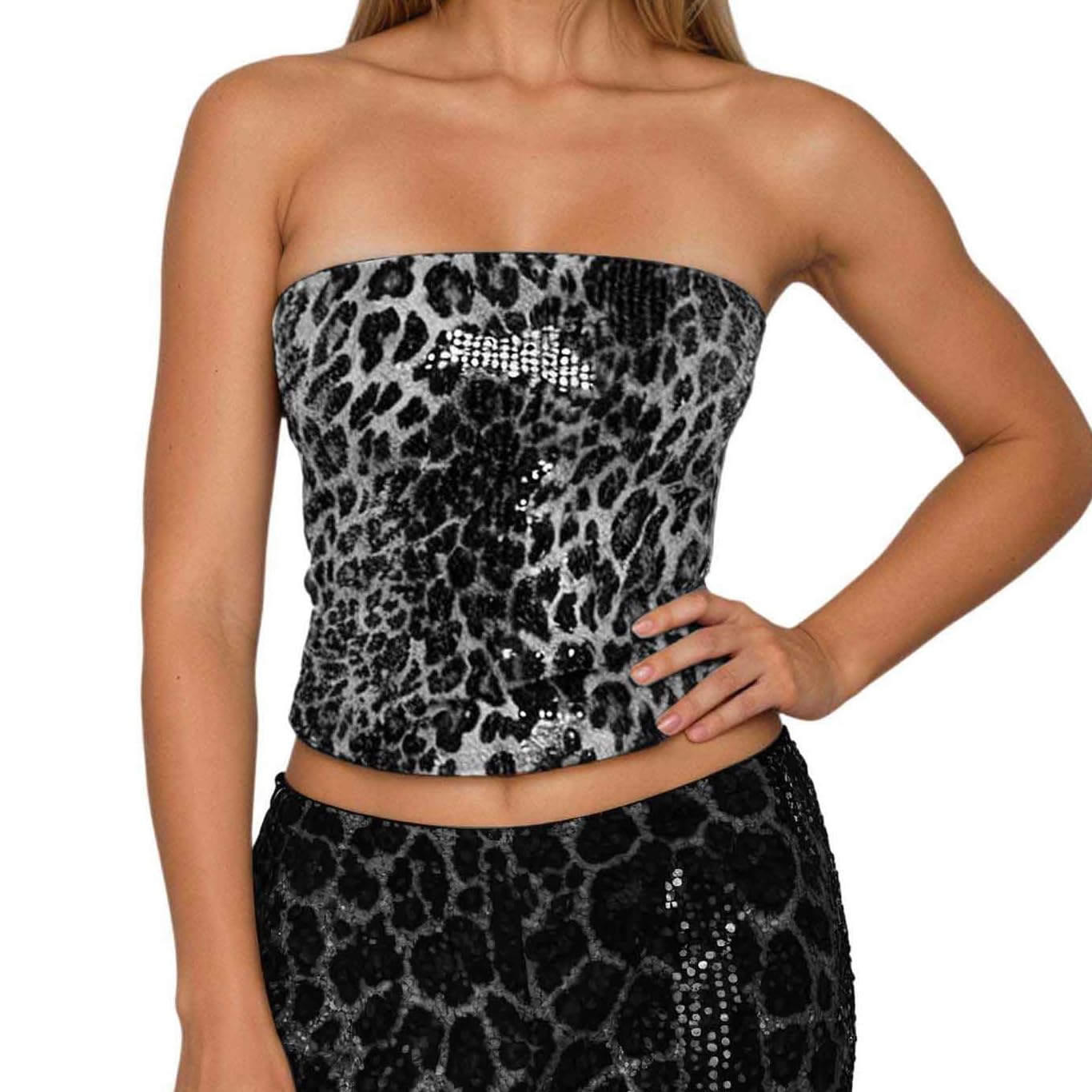 Pailletten Top Damen - Leoparden Print Bustier Mit Reißverschluss, Kurz Und Bauchfrei Sexy Glitzer Oberteile Schulterfreies Glitzerbody Ärmellos Nachtclub Trägershirt für Karneval Party Oberteil