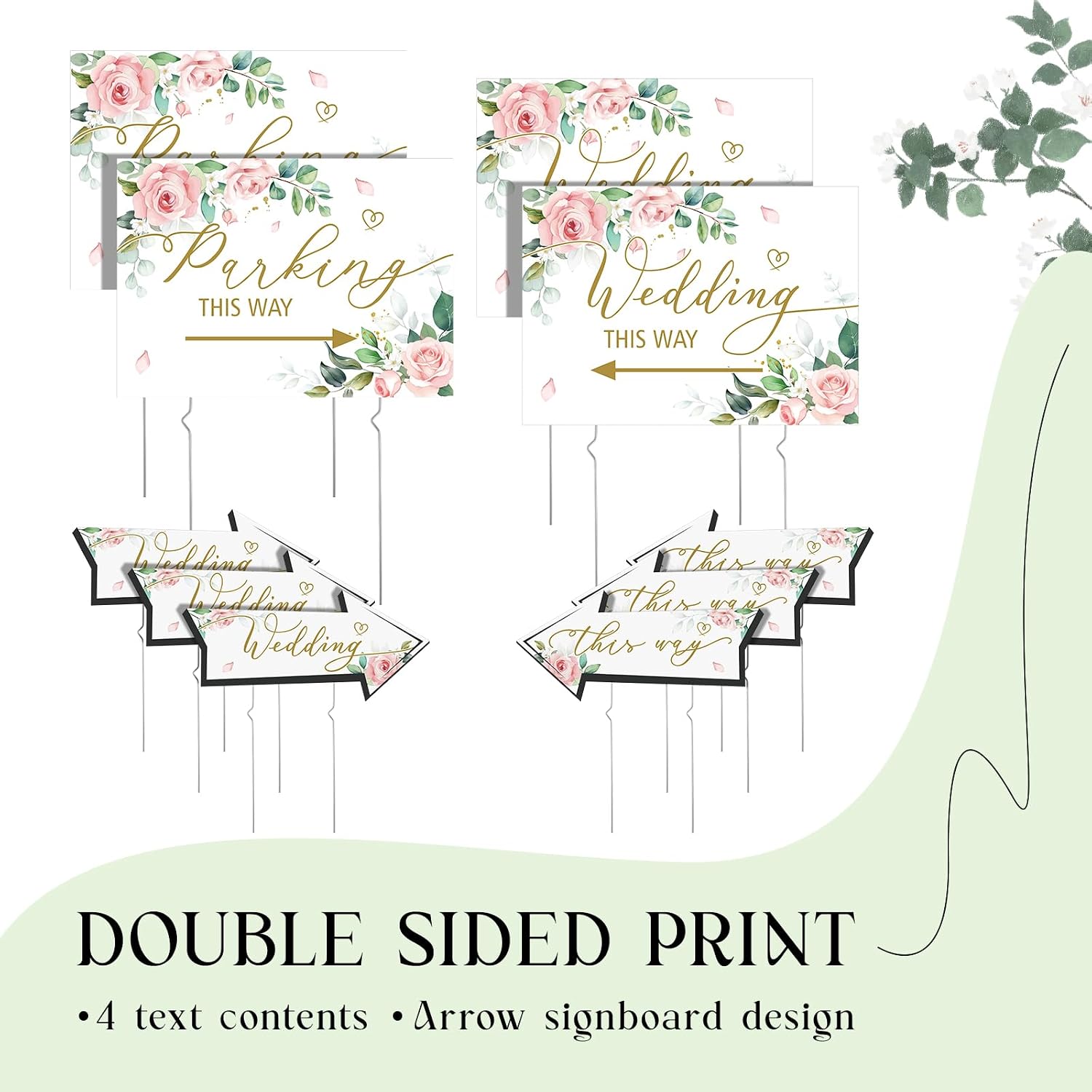 Wenqik 10 Pcs Wedding This Way Directional Parking Signs Include 4 Square and 6 Arrow Shaped Wedding Directional Parking Road Signs with Stakes, Large Double Sided(Pink,Floral)