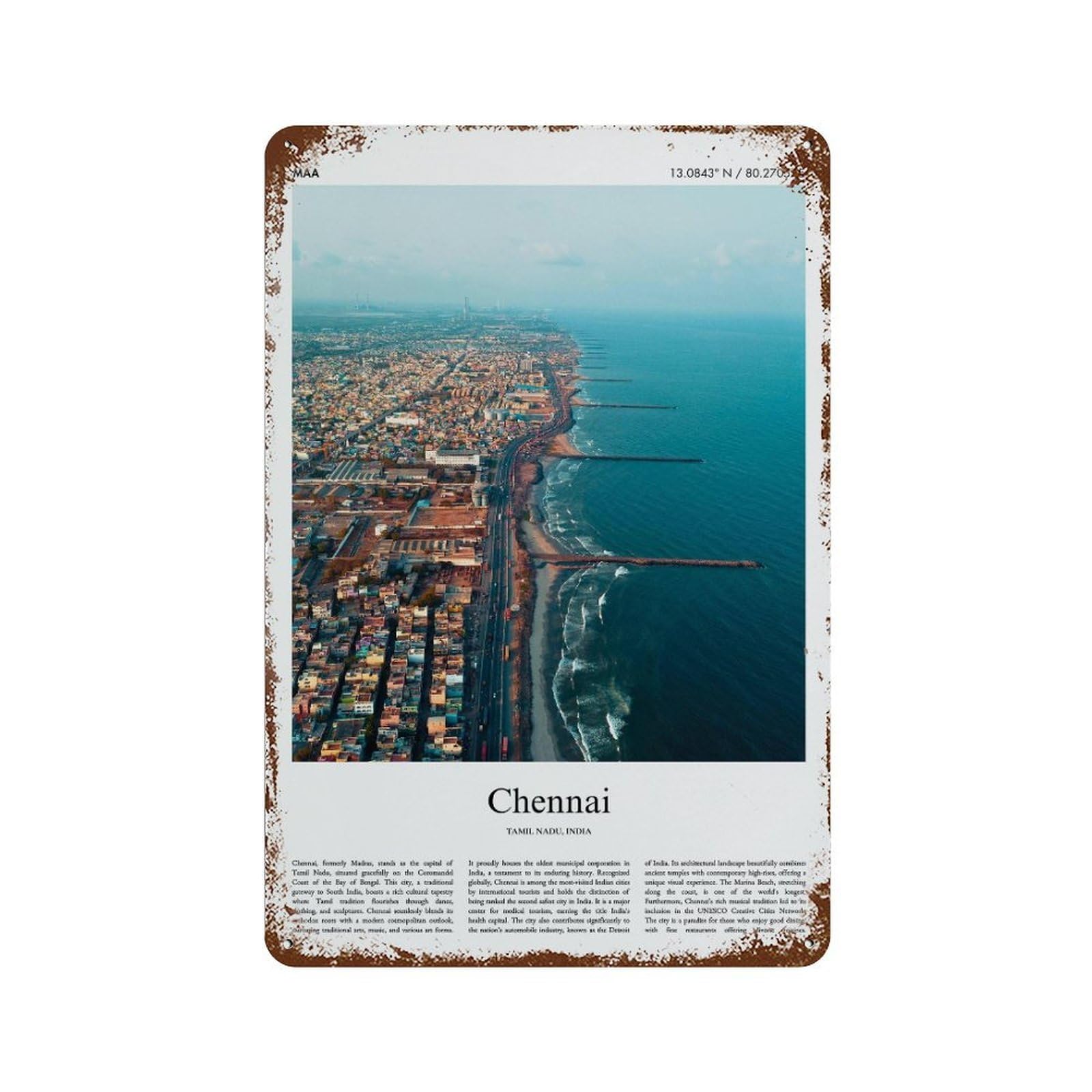 xiaoxiaoshen Chennai Tamil Nadu, India City Scenery Wall Decor Art Metal Tin Poster Modern Home Decor Art Home Bar Shop Decorations Vintage Sign 30x20cm