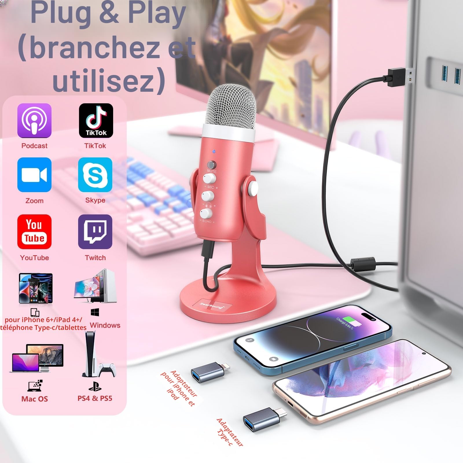 zealsound Micro USB, k66 Gaming Microphone de Jeu pour PC, téléphone, PS4 et PS5, Micro à condensateur cardioïde avec Button de sourdine et Gain pour Streaming, ASMR, podcasts, TikTok, Youtube- Rose