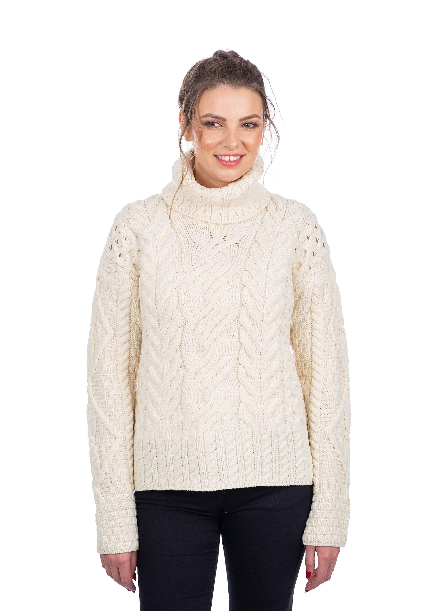 100% Super Soft Merino Wool Irish Cable Knit Turtleneck Women Sweater