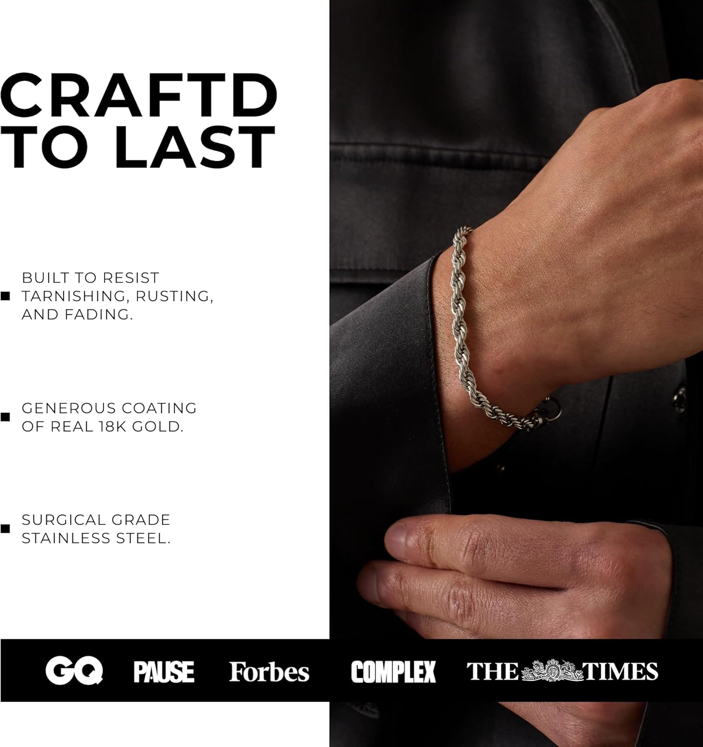 CRAFTD - Rope Link Bracelet - Waterproof, Heat & Sweat Resistant - Gifts for Men - Men's Jewelry - Size 5MM