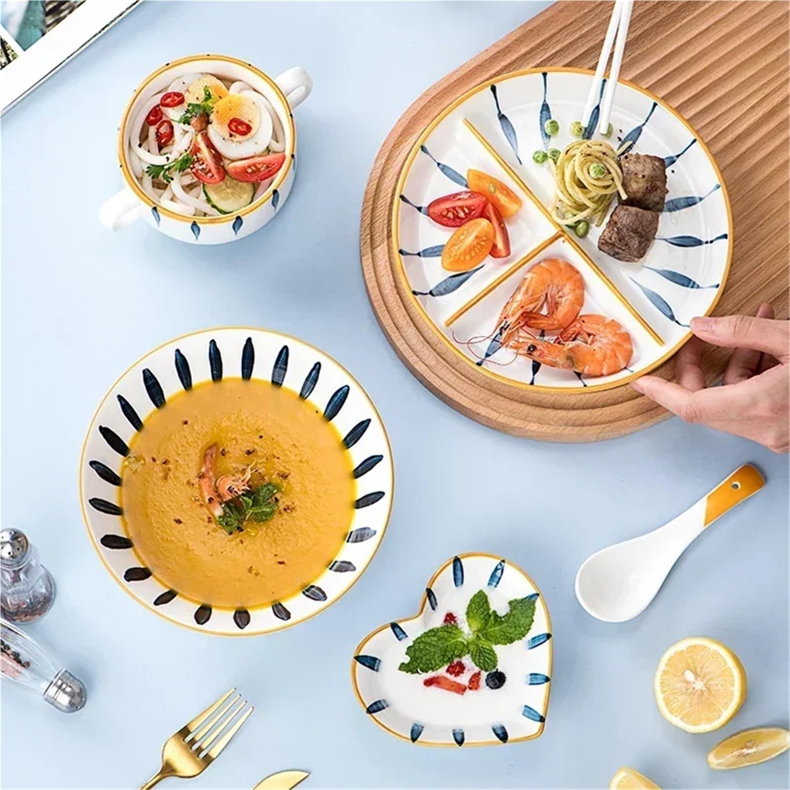 Assiette Porcelaine Assiette à dîner en céramique, assiette à trois compartiments, assiette de petit-déjeuner familiale for 1 personne, assiette à séparation quantitative réduisant les graisses(8 inch
