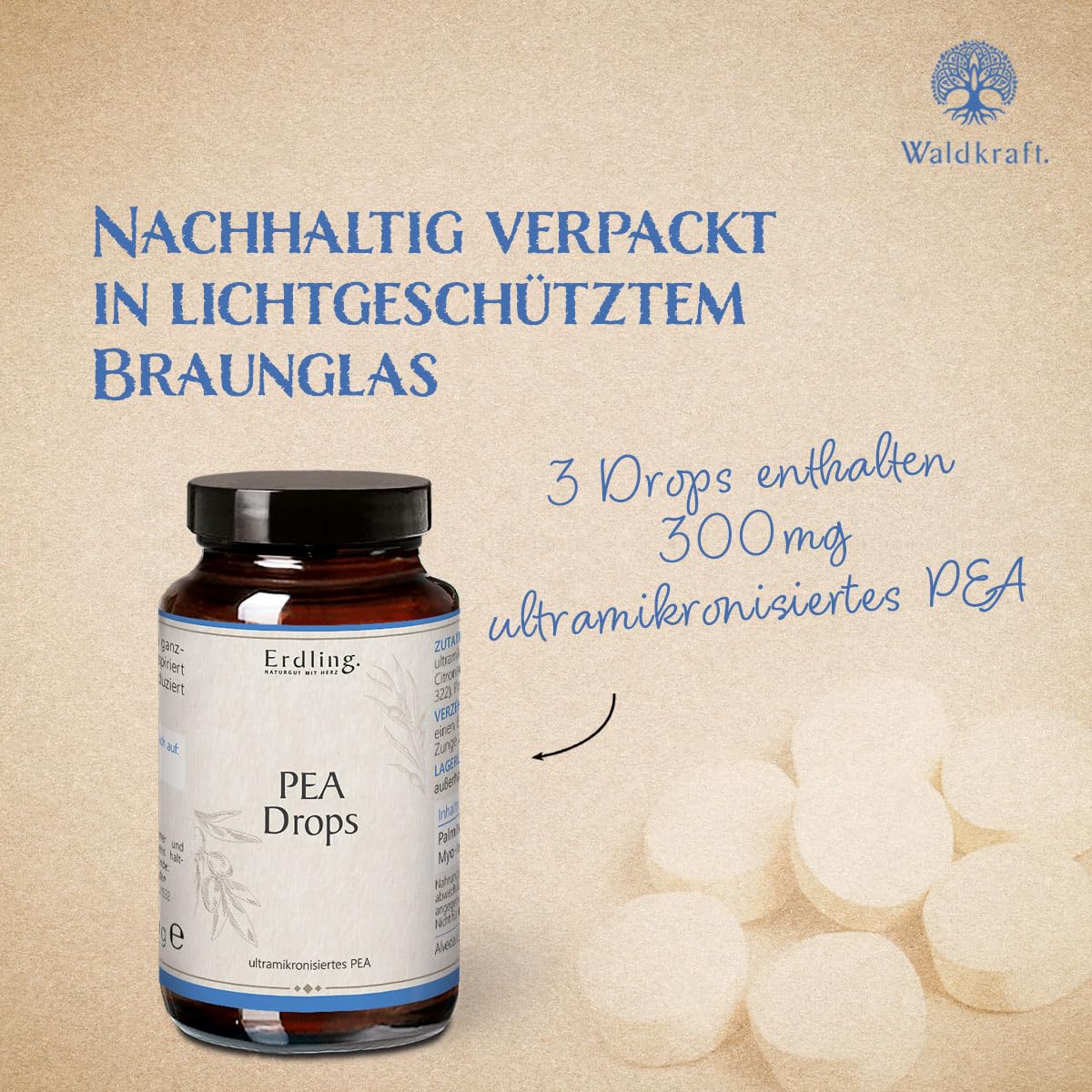 Waldkraft PEA Drops 99% Reinheit – 56 Lutschtabletten mit hochreinem Palmitoylethanolamid – Ultramikronisiert für hohe Bioverfügbarkeit – Laborgeprüft, vegan & ohne Zusatzstoffe – Ideal für unterwegs