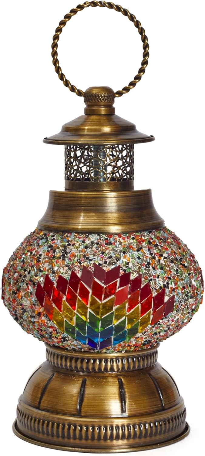 Portable Turkish Mosaic Lamp – Handmade Tiffany-Style Glass Light with Bronze Base and LED Bulb – Battery Powered Bedside Decor Lamp (Leaf Pattern) – Globe Size 6.5"